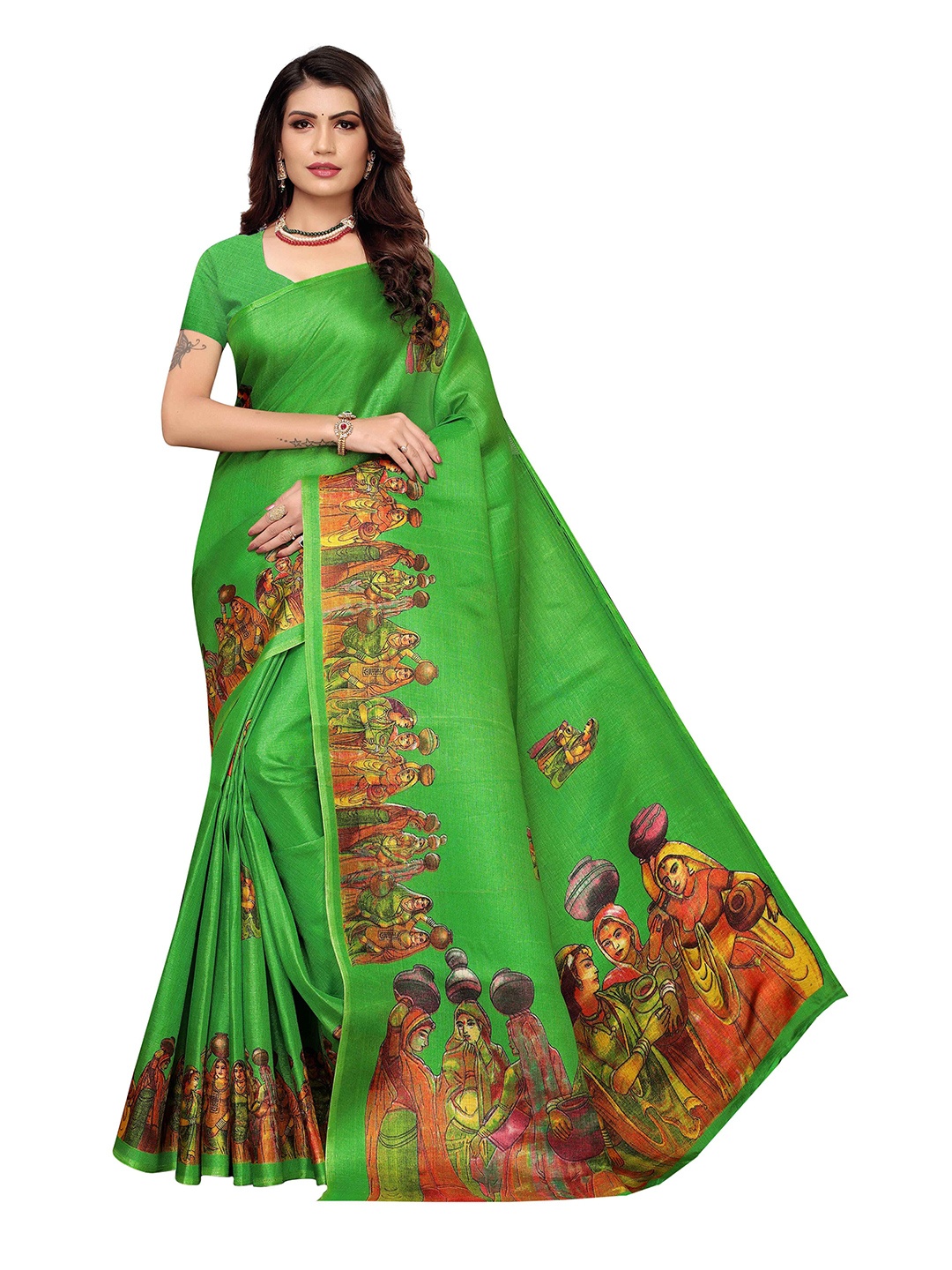 

AADVIKA Kalamkari Printed Mysore Silk Saree, Green