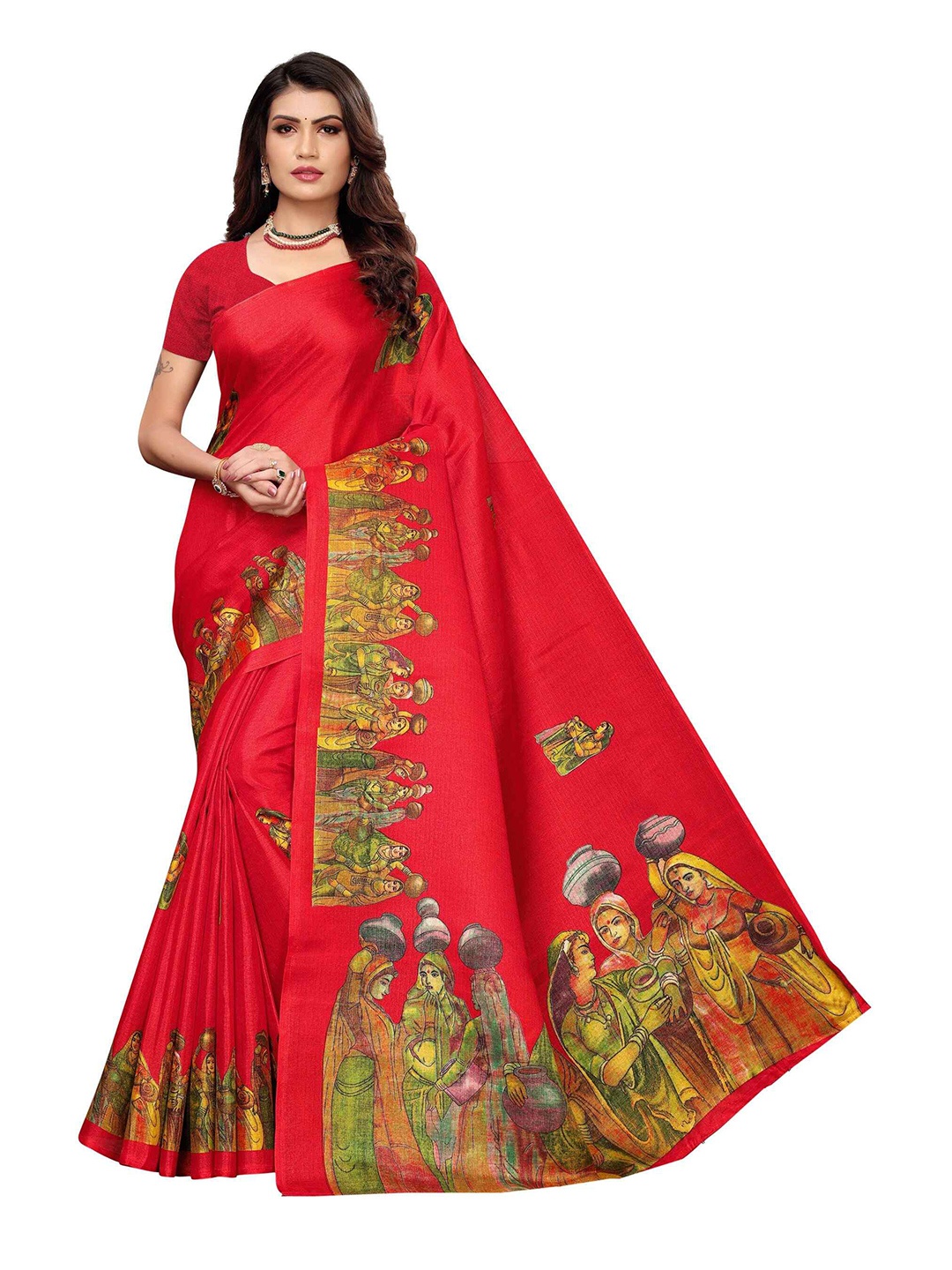 

AADVIKA Kalamkari Art Silk Mysore Silk Saree, Red