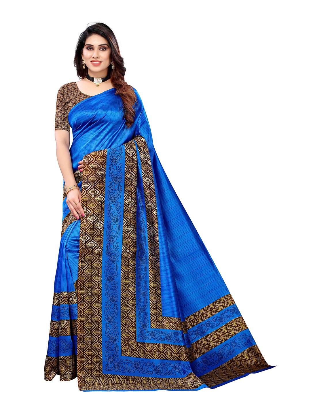 

AADVIKA Floral Printed Art Silk Mysore Silk Saree, Blue