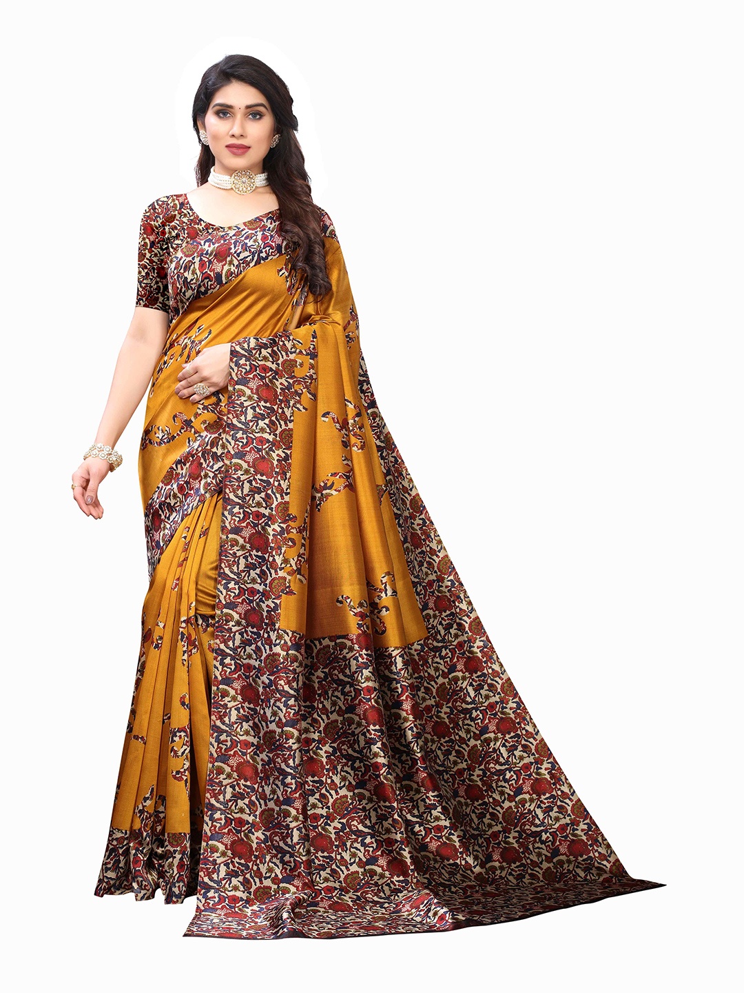 

AADVIKA Kalamkari Printed Mysore Silk Saree, Mustard