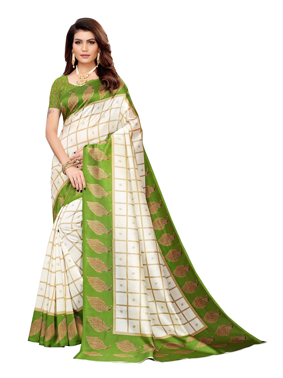 

AADVIKA Ethnic Motifs Printed Zari Mysore Silk Saree, Green