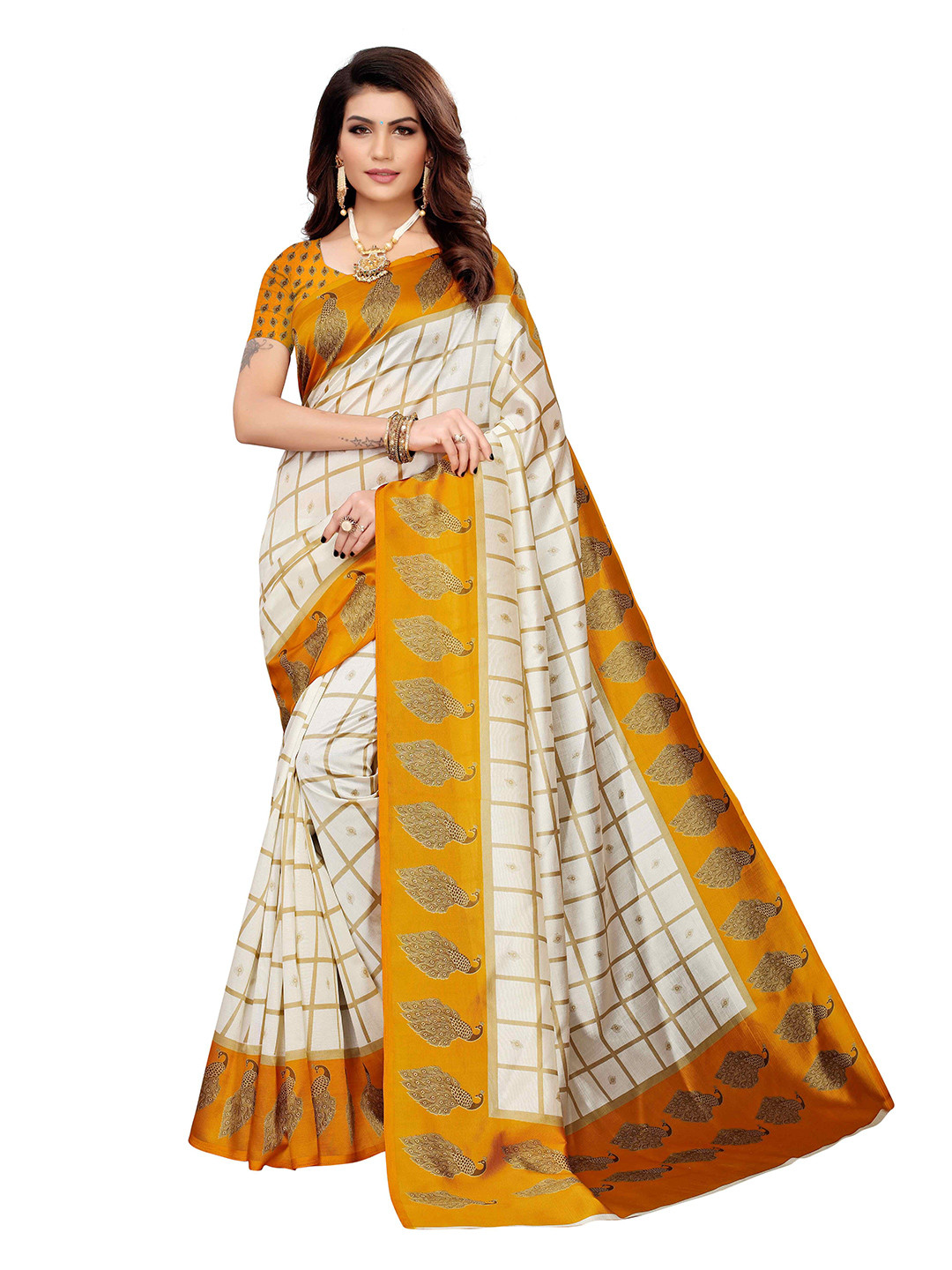 

AADVIKA Checked Woven Design Mysore Silk Saree, Mustard