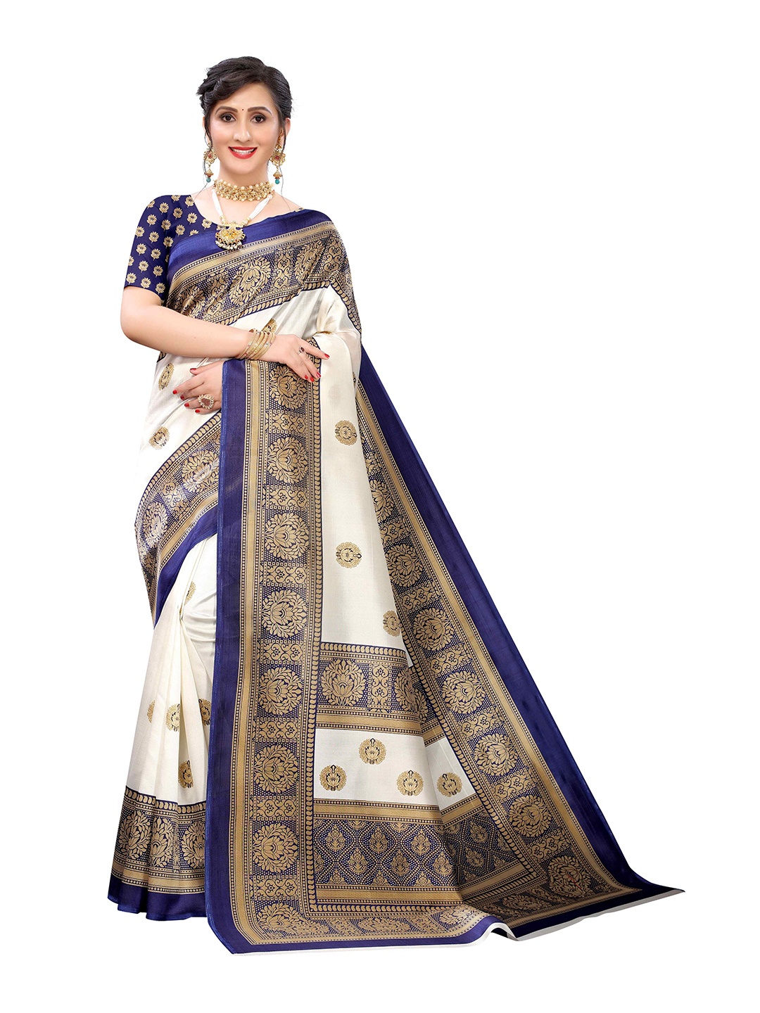 

AADVIKA Ethnic Motifs Printed Art Silk Mysore Silk Saree, White