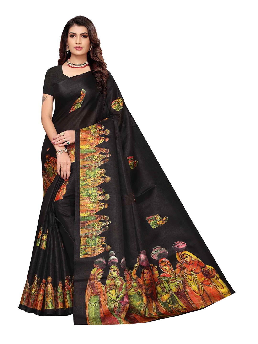 

AADVIKA Black & Green Kalamkari Art Silk Mysore Silk Saree