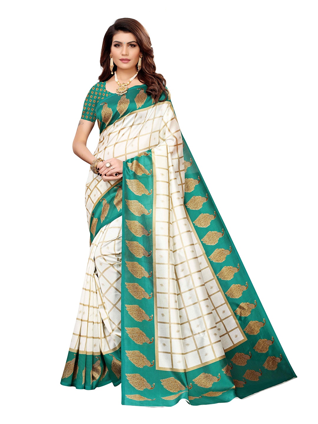 

AADVIKA Checked Art Silk Mysore Silk Saree, Turquoise blue