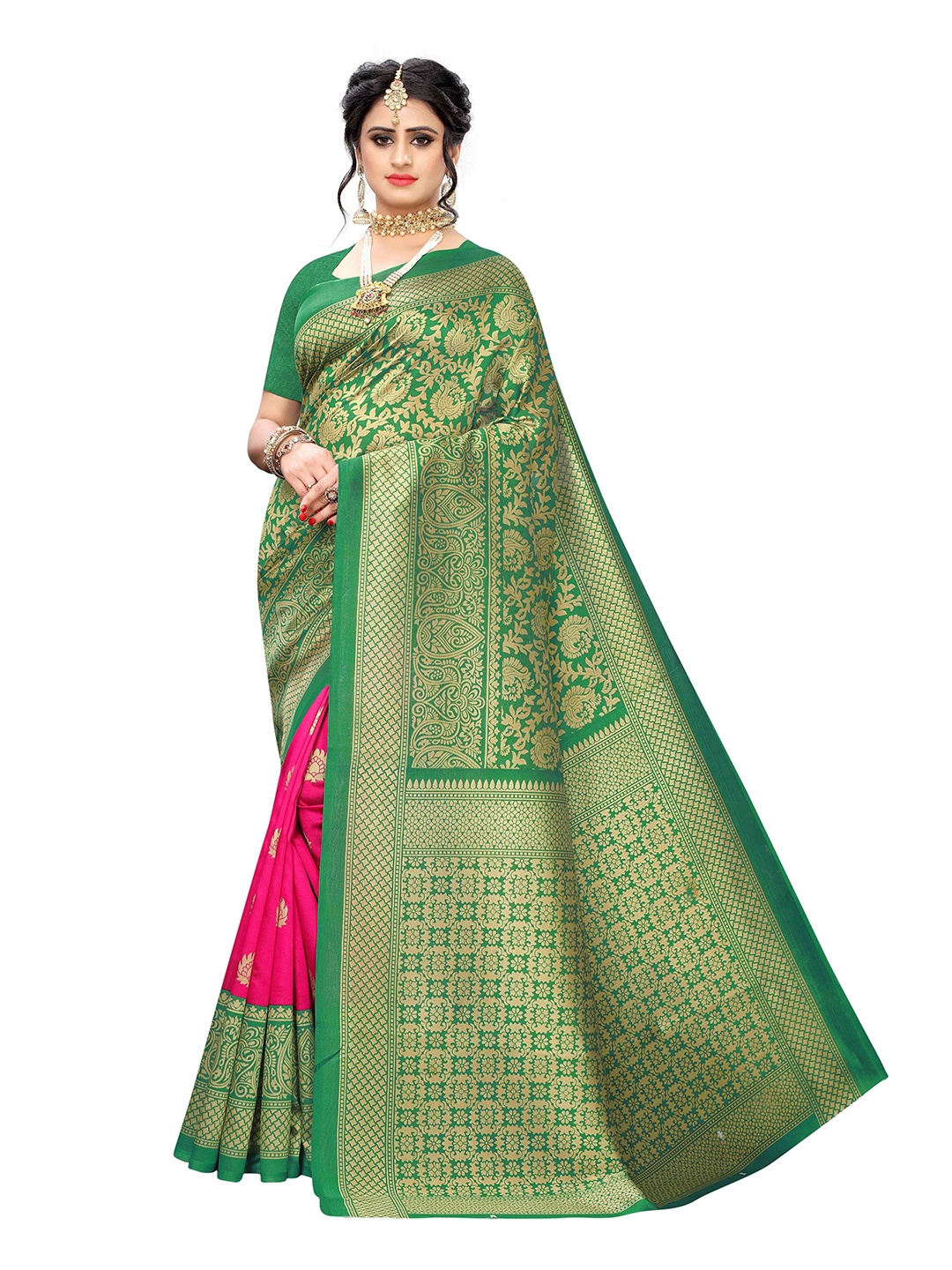 

AADVIKA Green & Pink Floral Art Silk Mysore Silk Saree