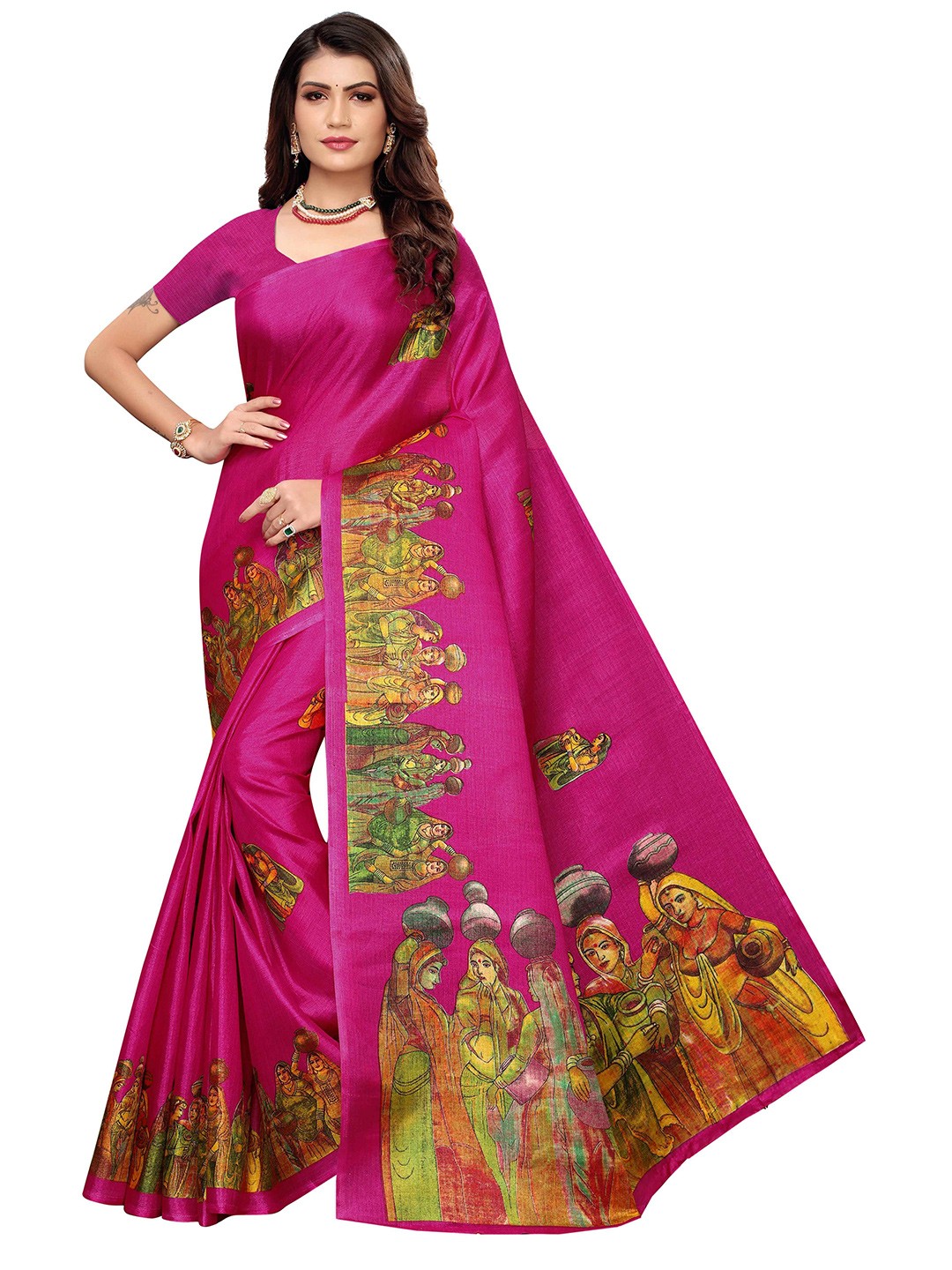 

AADVIKA Ethnic Motifs Printed Art Silk Mysore Silk Saree, Pink