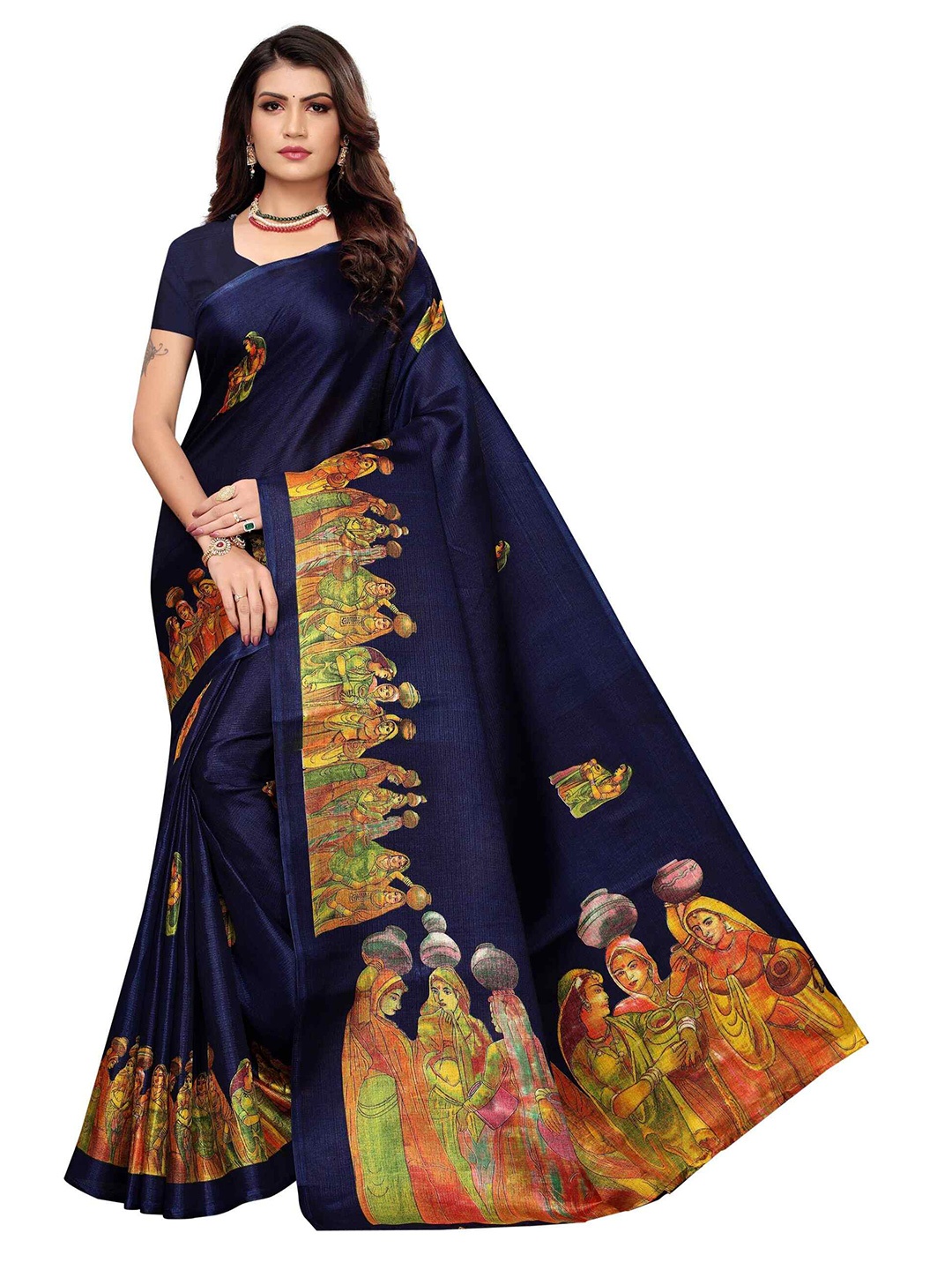 

AADVIKA Printed Kalamkari Mysore Silk Saree, Navy blue