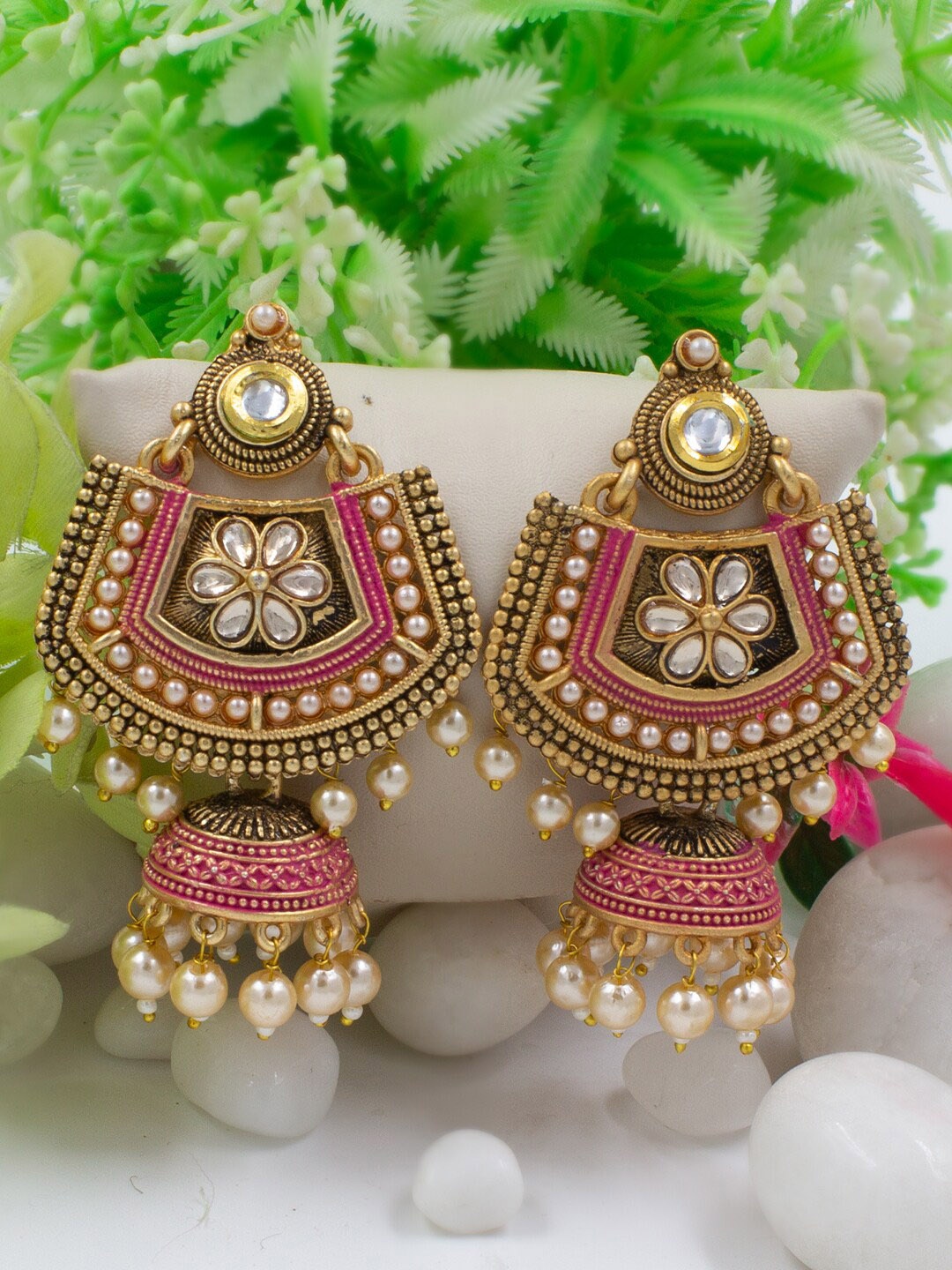 

PRIVIU Gold Plated Classic Jhumkas Earrings, Pink