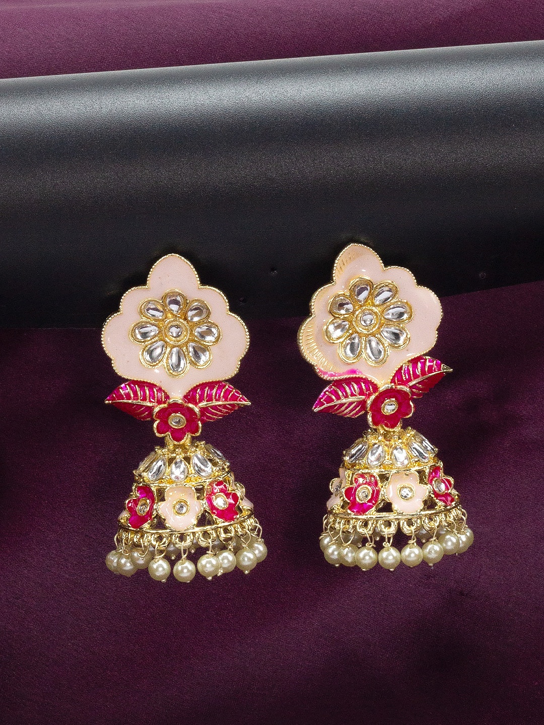 

PRIVIU Pink Classic Gold Plated Jhumkas Earrings