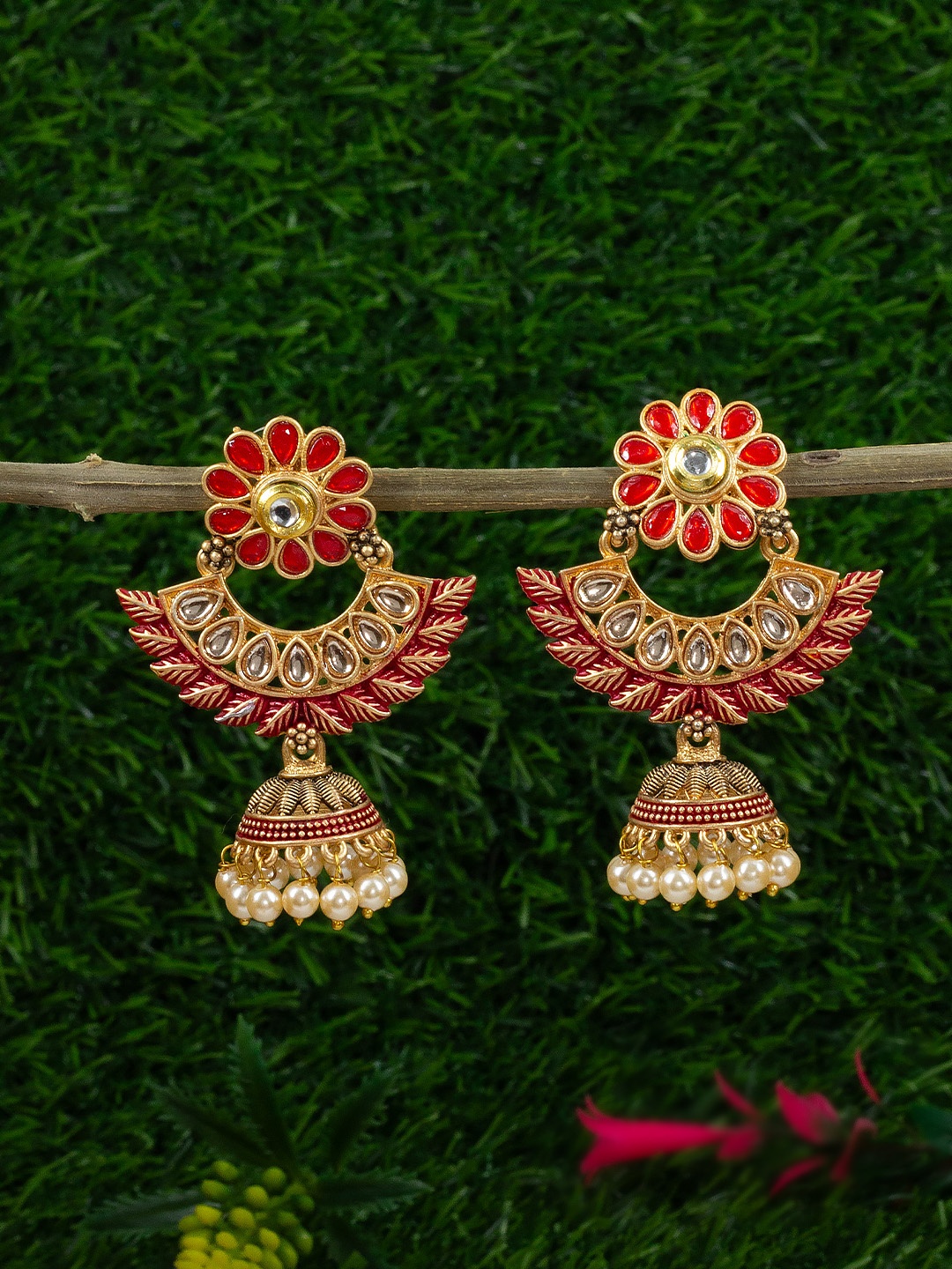 

PRIVIU Gold Plated Classic Jhumkas Earrings, Red
