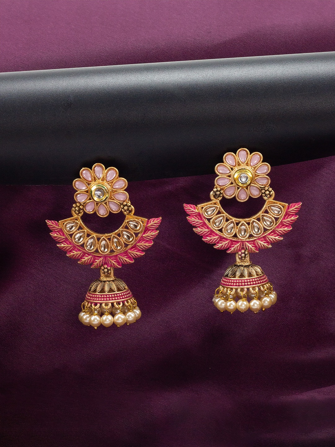 

PRIVIU Gold-Plated Studded Jhumkas, Pink