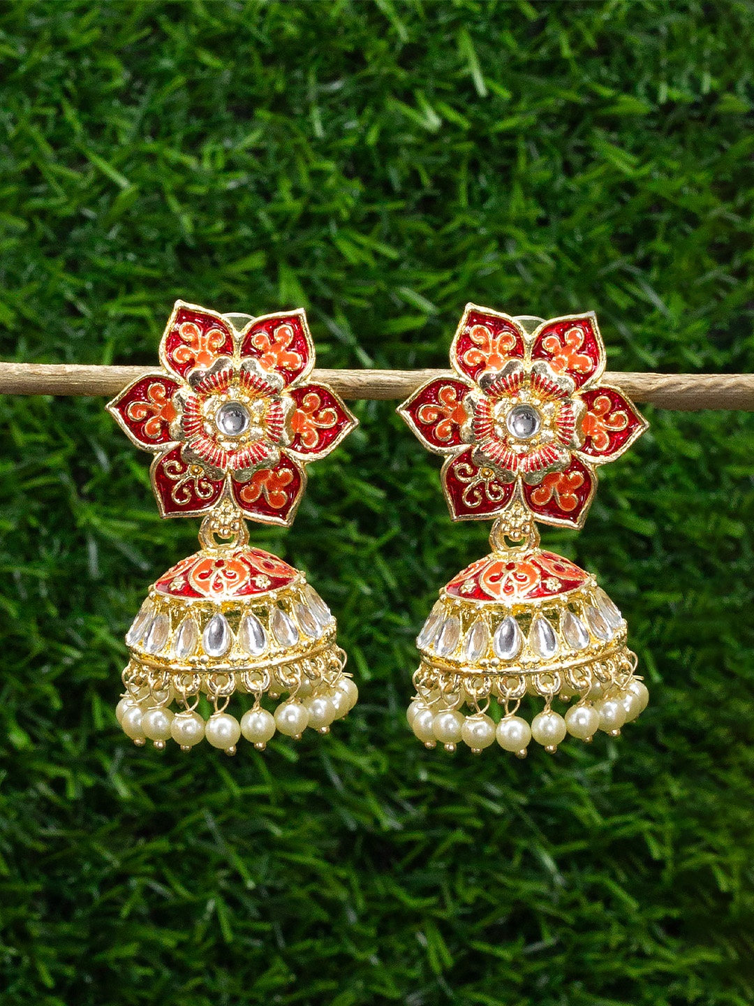 

PRIVIU Gold-Plated Stone Studded & Beaded Classic Jhumkas Earrings, Red