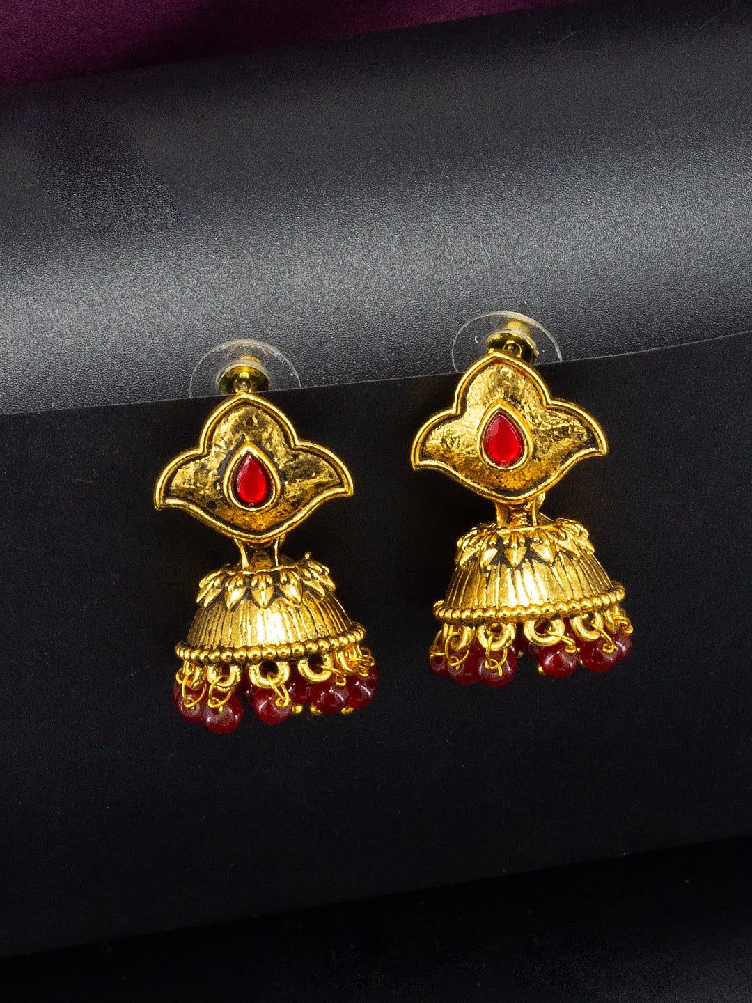 

PRIVIU Gold-Plated Stone Studded & Beaded Classic Jhumkas Earrings, Maroon