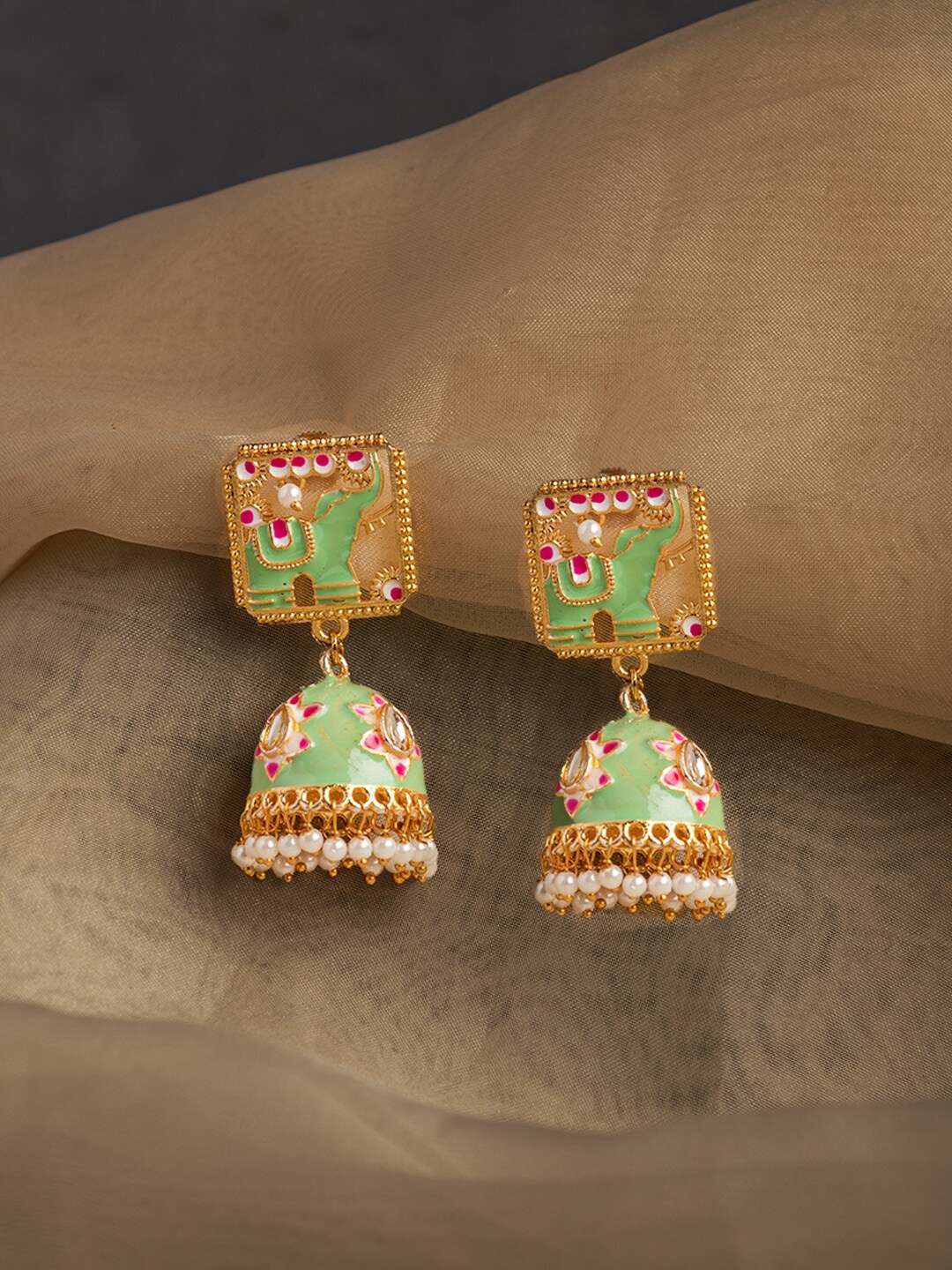 

Ozanoo Gold-Plated Beaded Dome Shaped Jhumkas, Green
