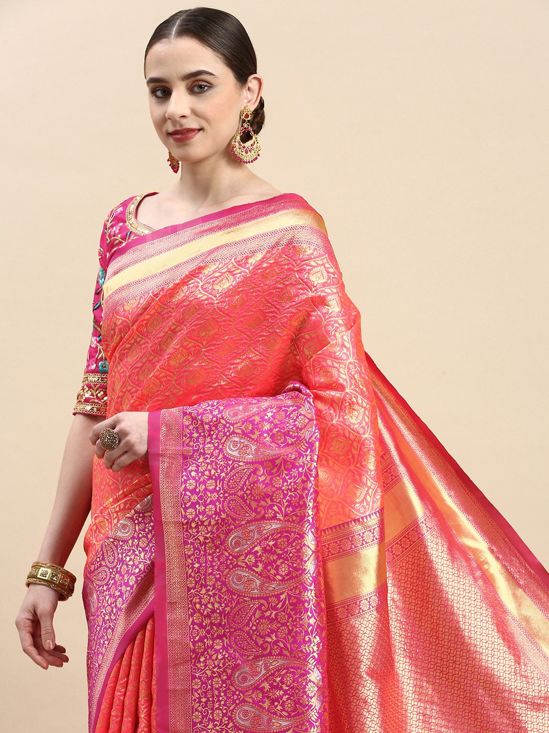 

VAIRAGEE Woven Design Ethnic Motifs Zari Banarasi Saree, Pink