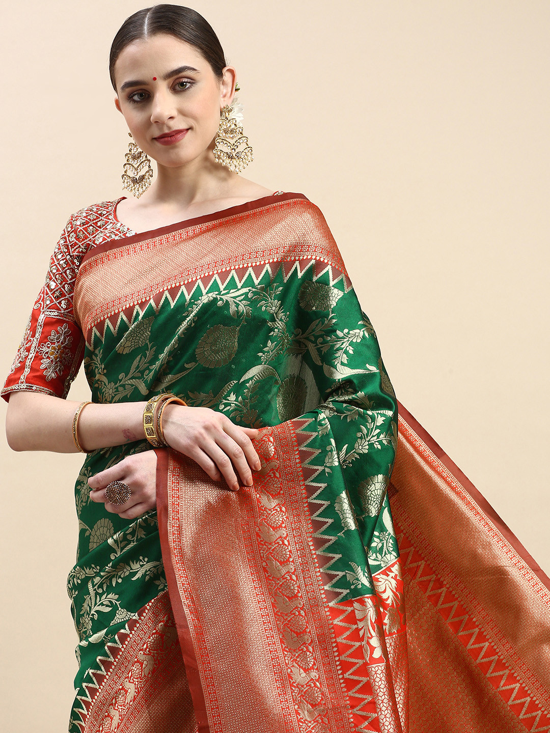 

VAIRAGEE Woven Design Ethnic Motifs Zari Banarasi Saree, Green
