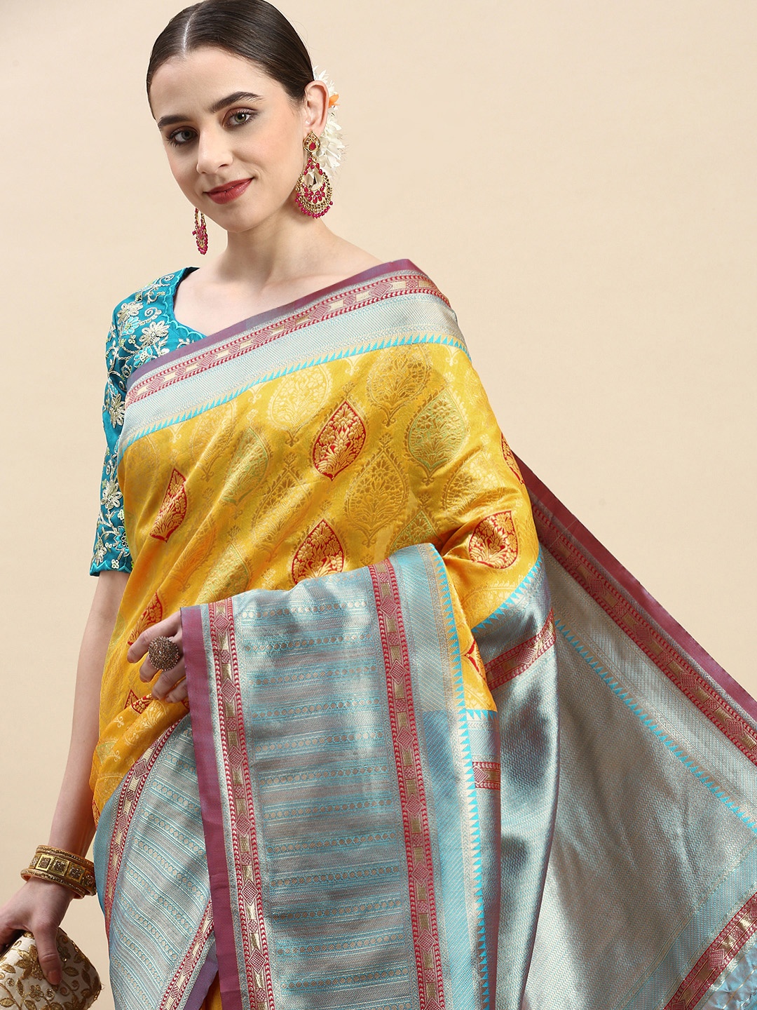 

VAIRAGEE Woven Design Ethnic Motifs Zari Banarasi Saree, Yellow