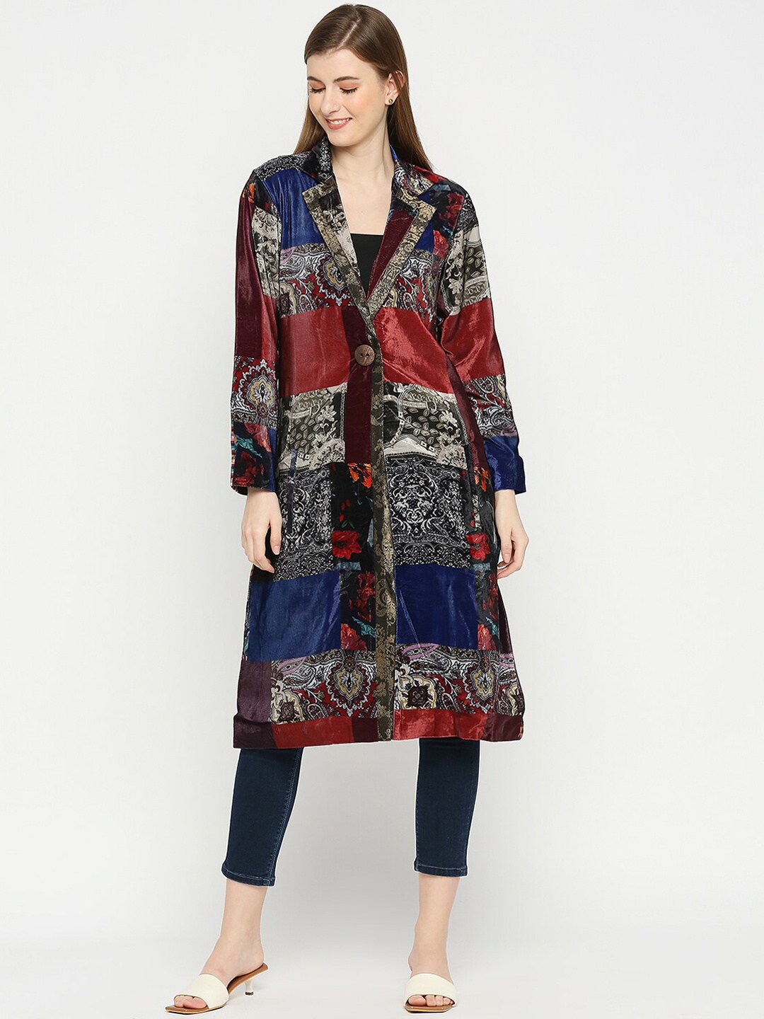 

Cloth Haus India Women Lightweight Longline Tailored Jacket with Patchwork, Red