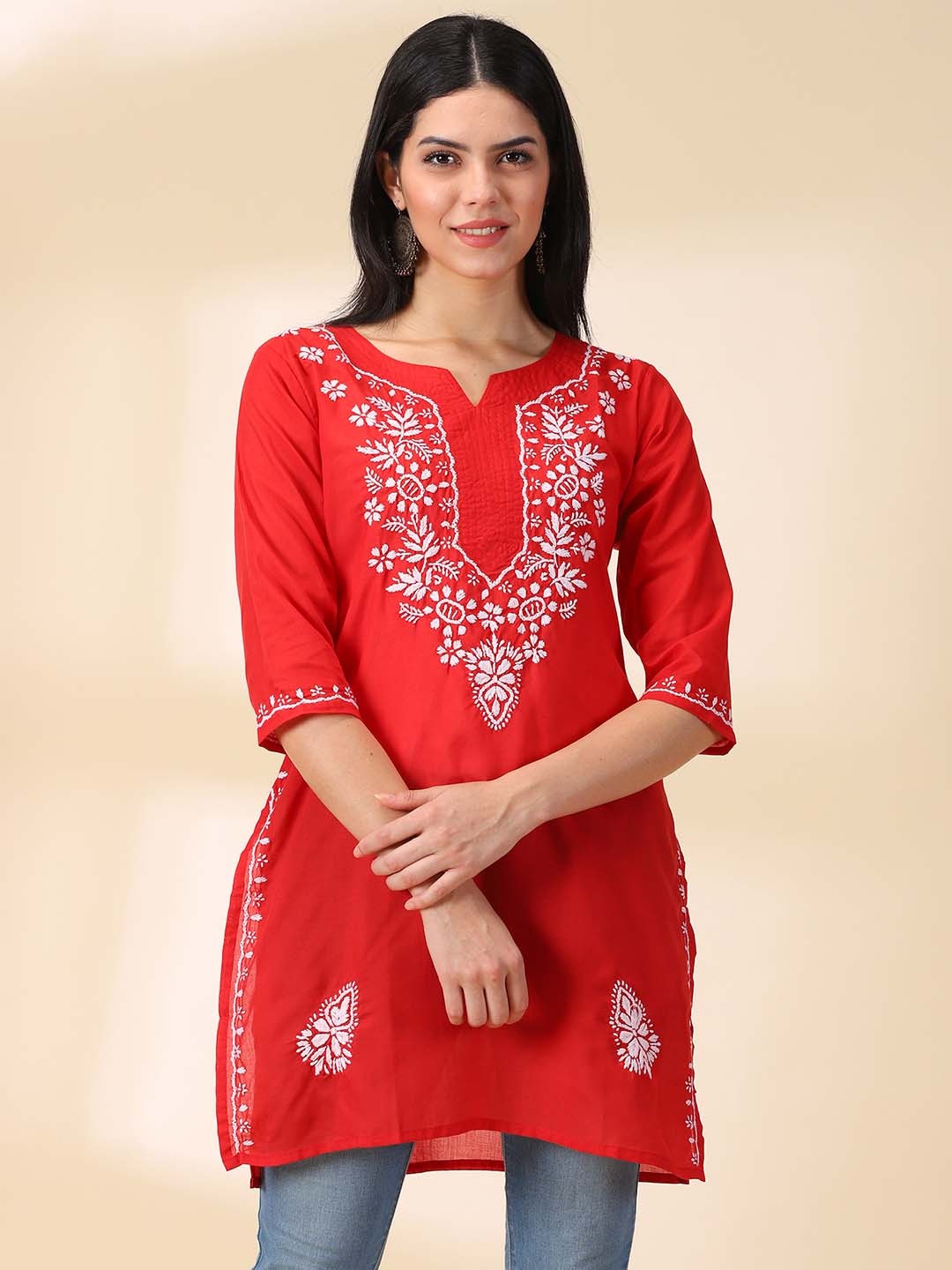 

DIVINATION Floral Embroidered Yoke Design Pure Cotton Kurta, Red