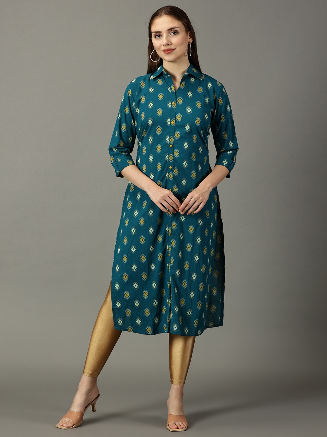 

DIVINATION Women Ethnic Motifs Printed Pure Cotton Kurta, Teal