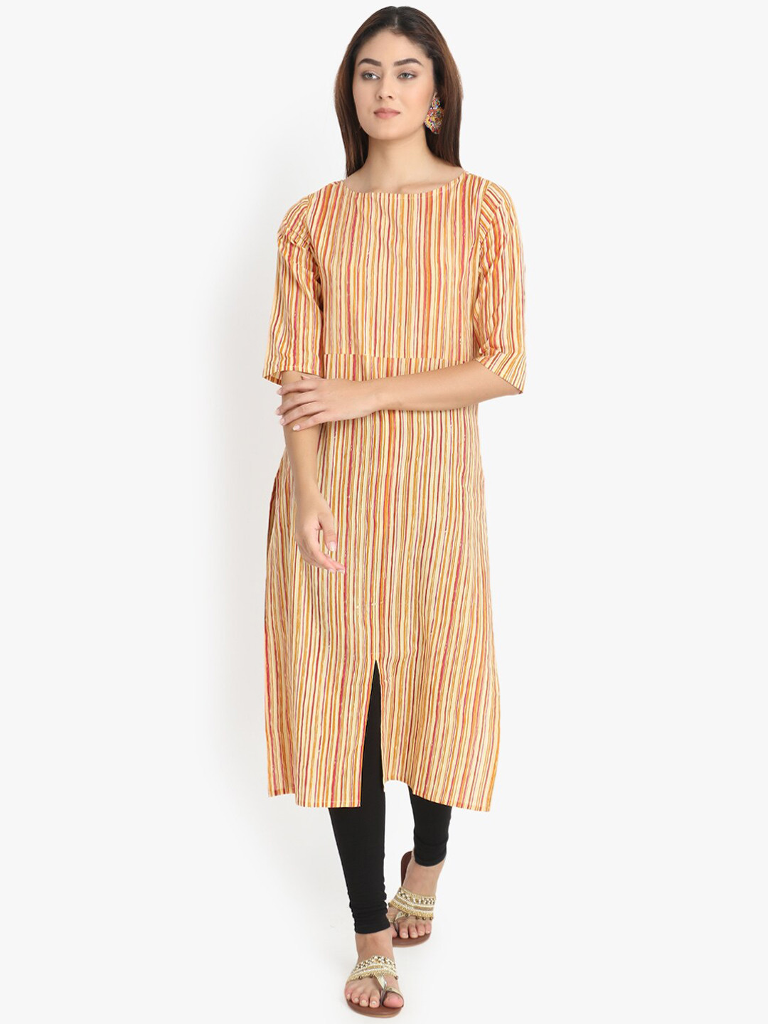 

DIVINATION Women Striped Pure Cotton Kurta, Beige