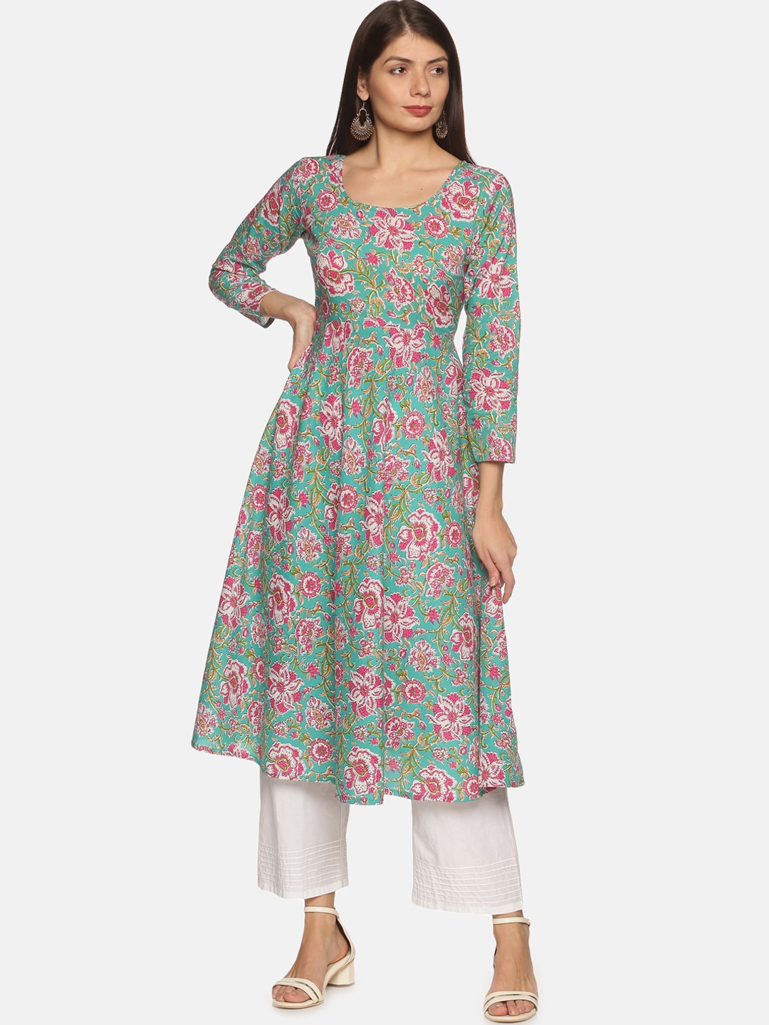 

DIVINATION Women Floral Printed Pure Cotton Anarkali Kurta, Pink