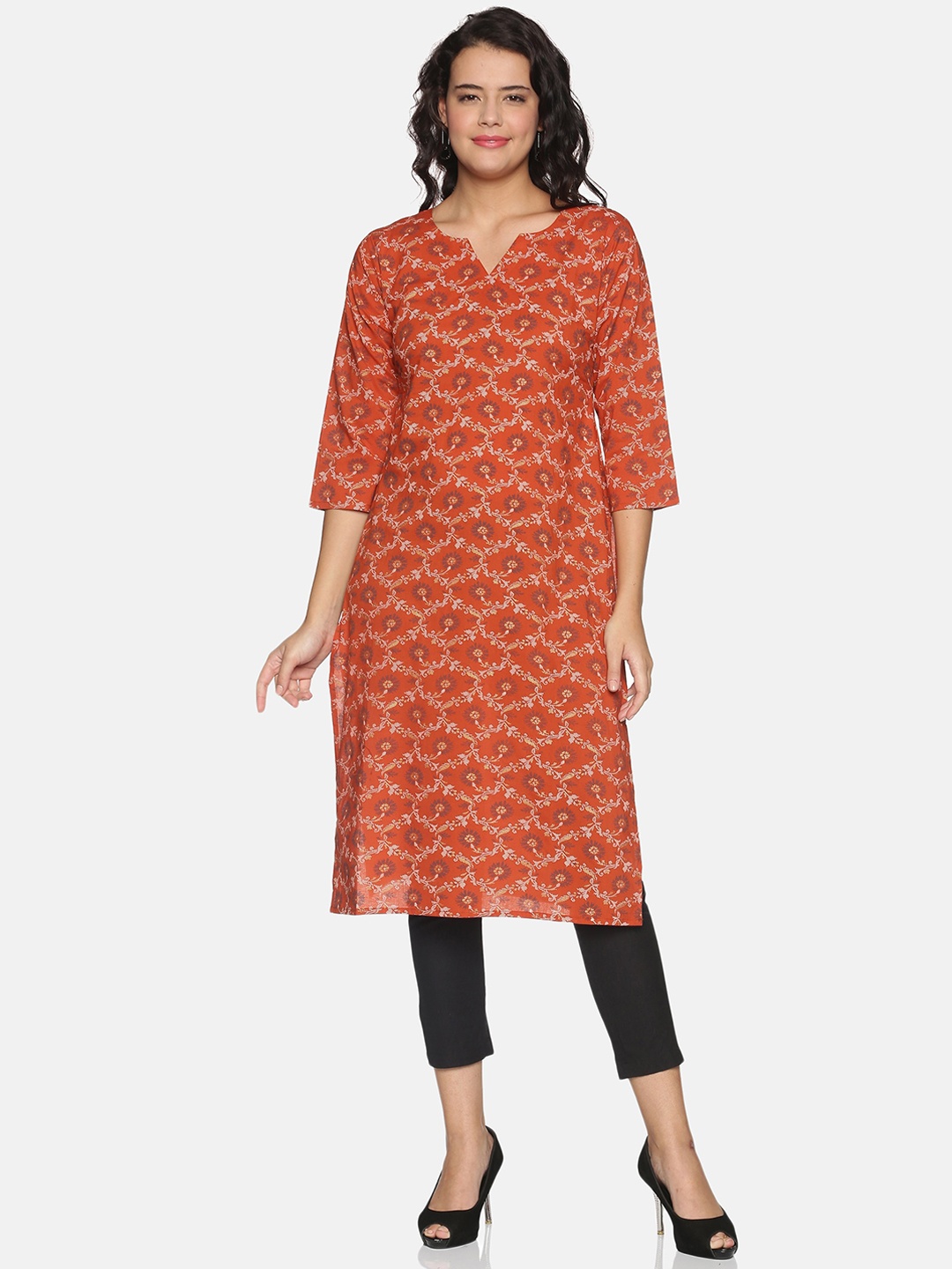 

DIVINATION Notched Neck Ethnic Motifs Printed Pure Cotton Kurta, Brown