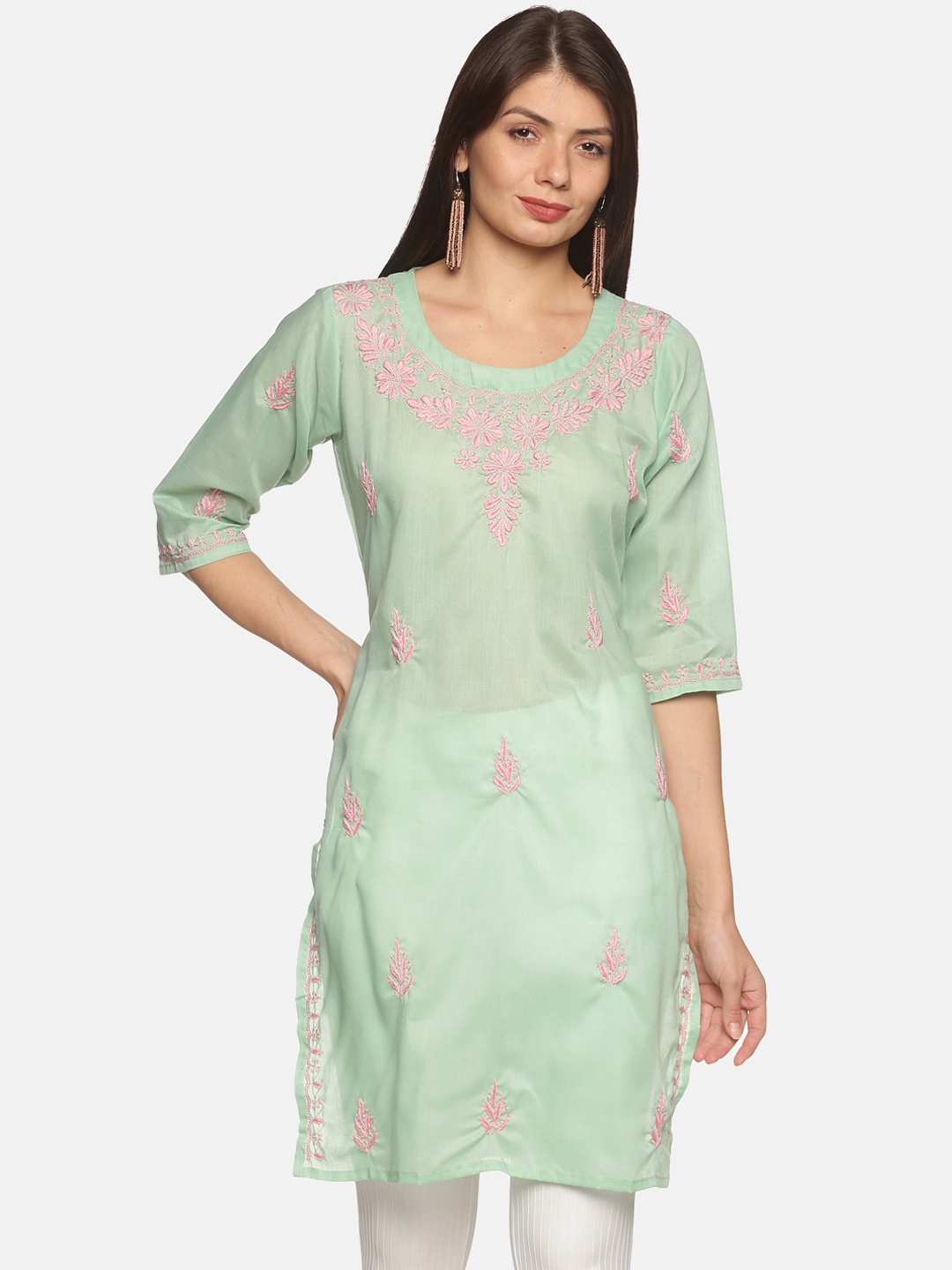 

DIVINATION Women Floral Embroidered Thread Work Kurta, Sea green