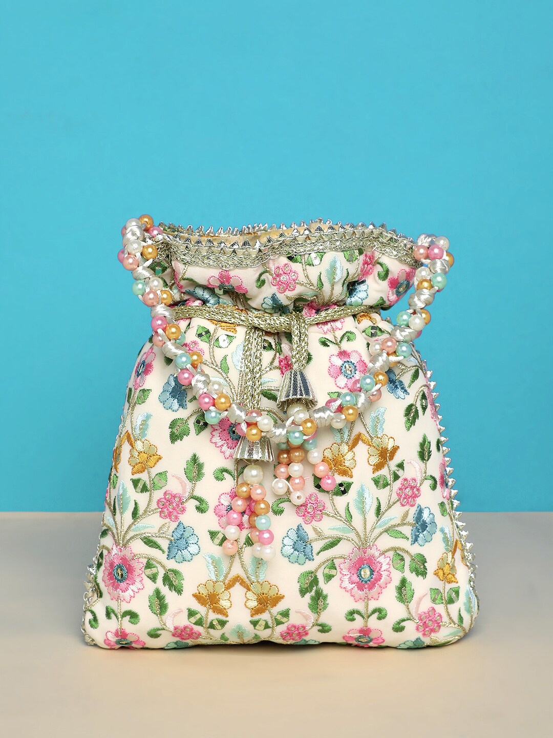 

Peora Embroidered Potli Clutch, Cream