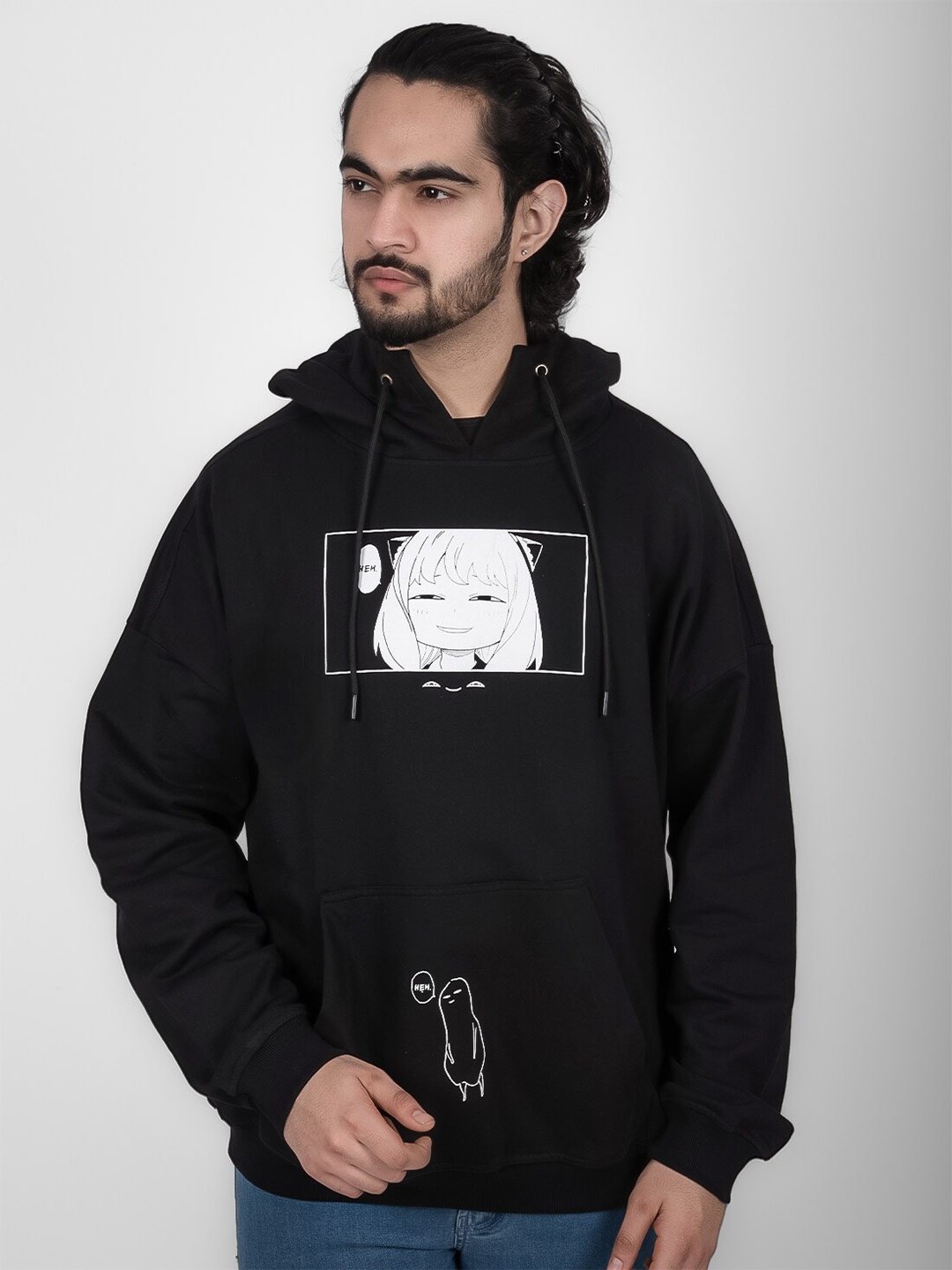 

COMICSENSE Men Anime Printed Spy X Family Anya Hooded Oversized Sweatshirt, Black