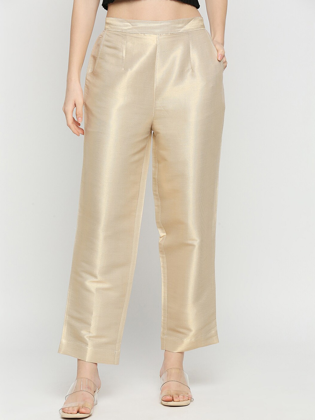 

Cloth Haus India Women Mid Rise Straight Fit Slip On Cotton Trousers, Gold