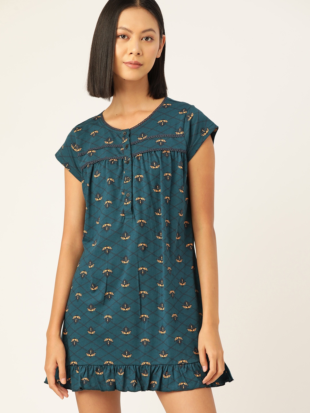 

ETC Pure Cotton Printed Nightdress TAN-24, Teal