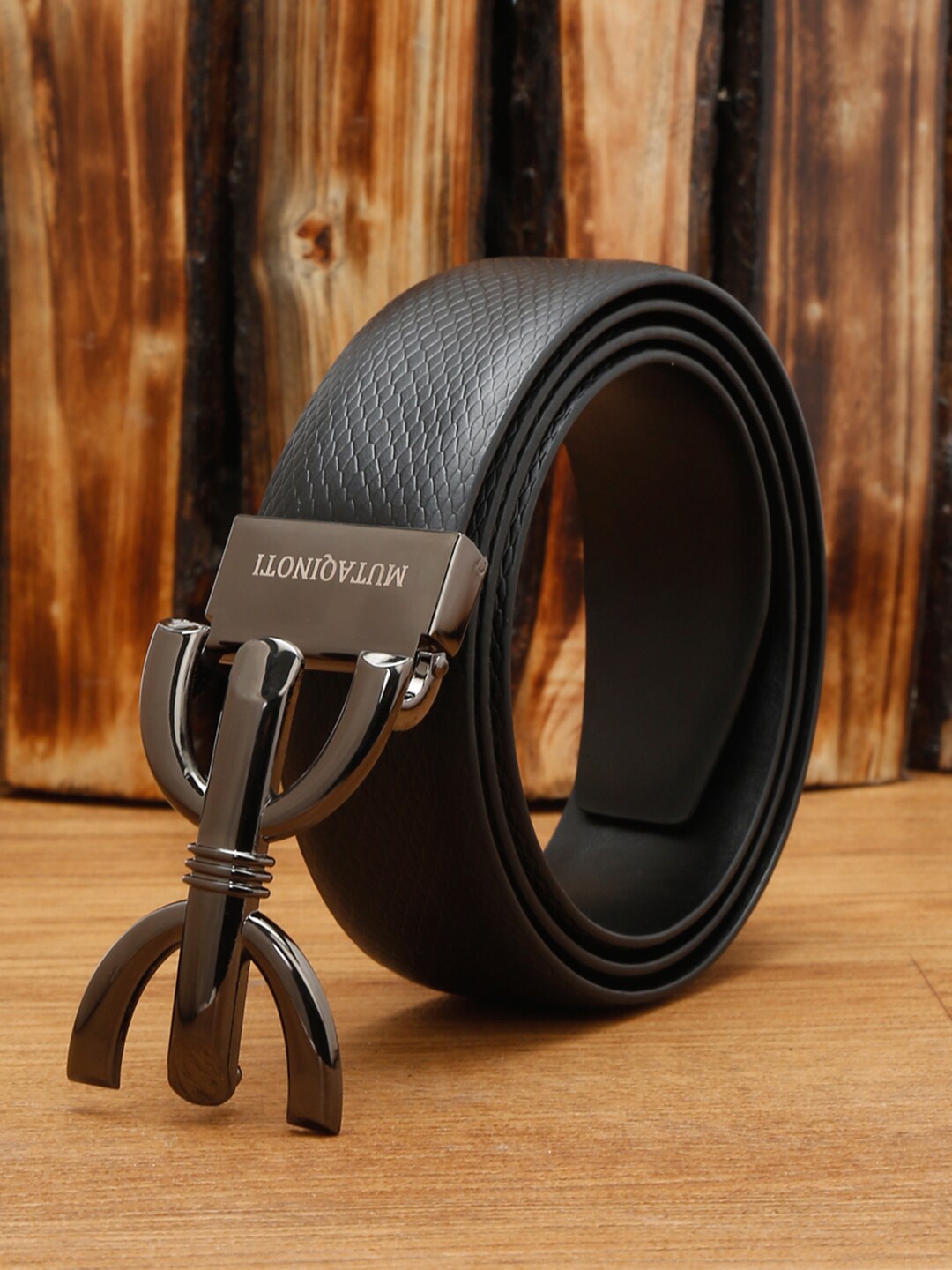 

MUTAQINOTI Men Textured Leather Formal Belt, Black