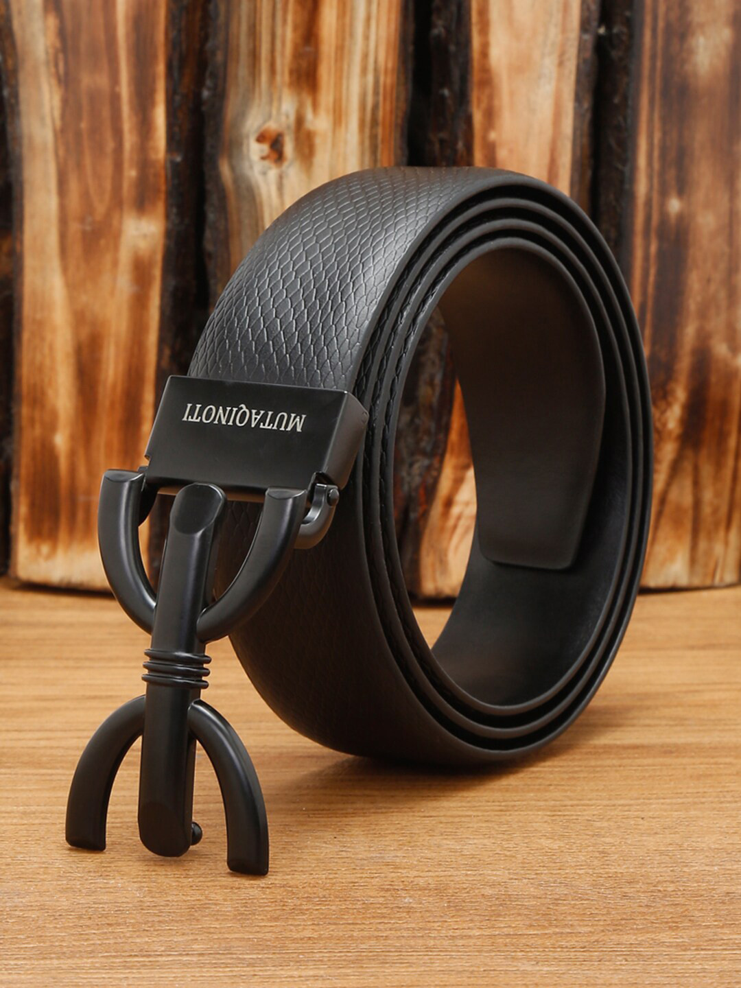 

MUTAQINOTI Men Textured Leather Formal Belt, Black