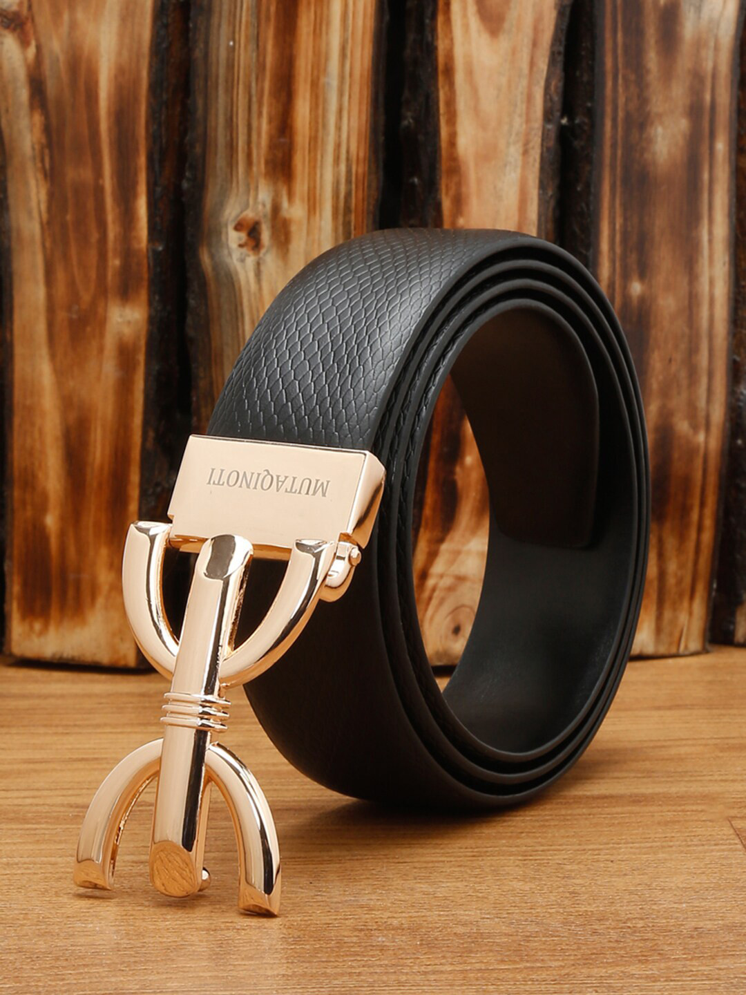 

MUTAQINOTI Men Textured Leather Formal Belt, Black