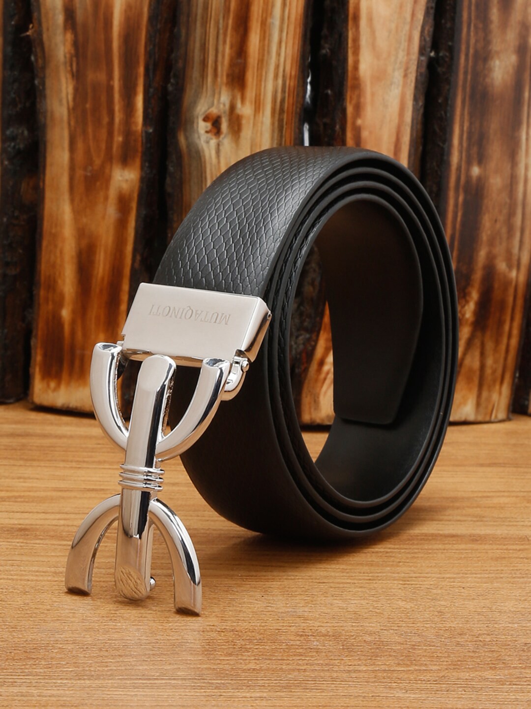 

MUTAQINOTI Men Textured Leather Formal Belt, Black