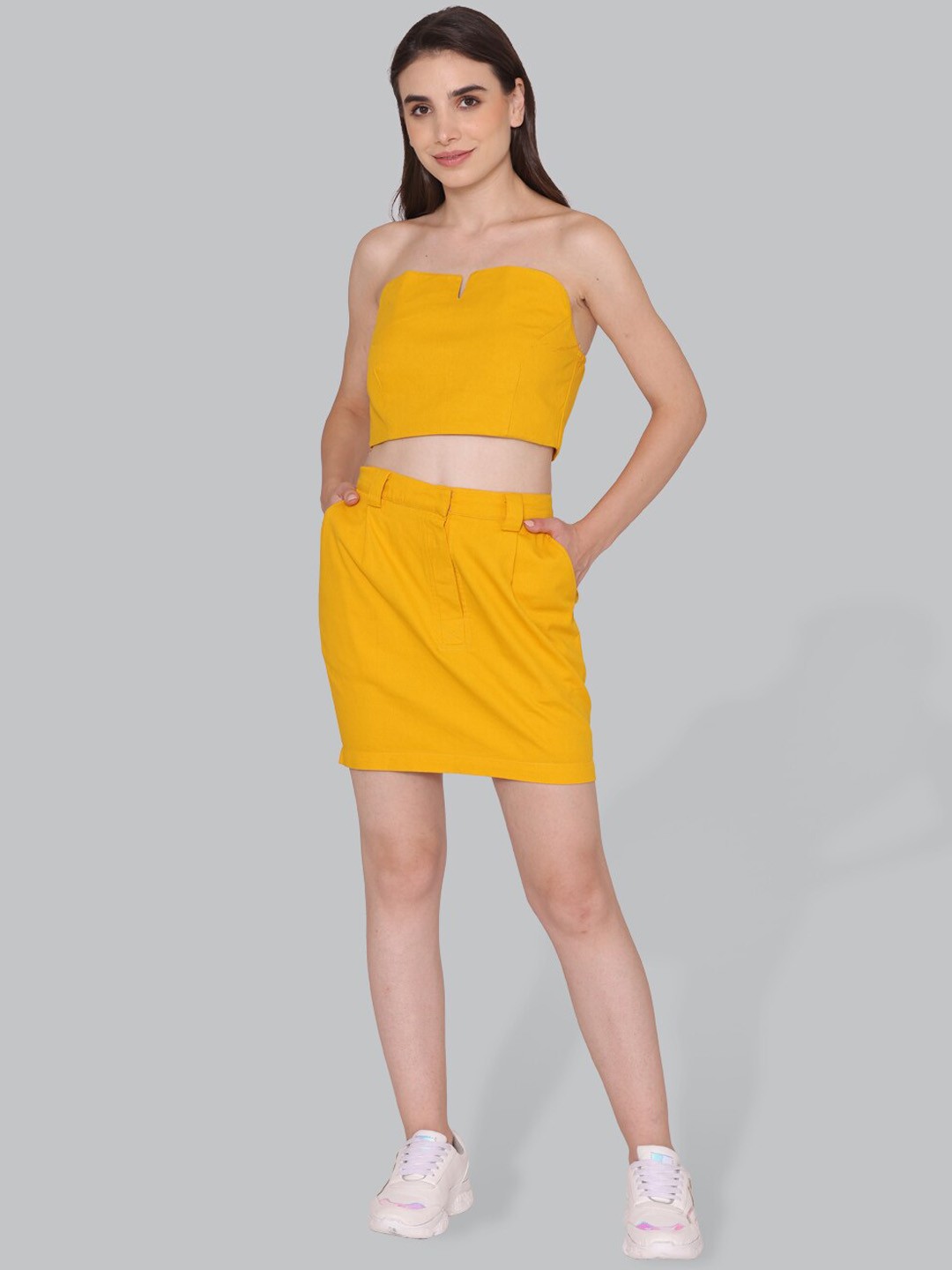 

CUFFS N LASHES Women Strapless Top & Skirt Co-Ords, Mustard