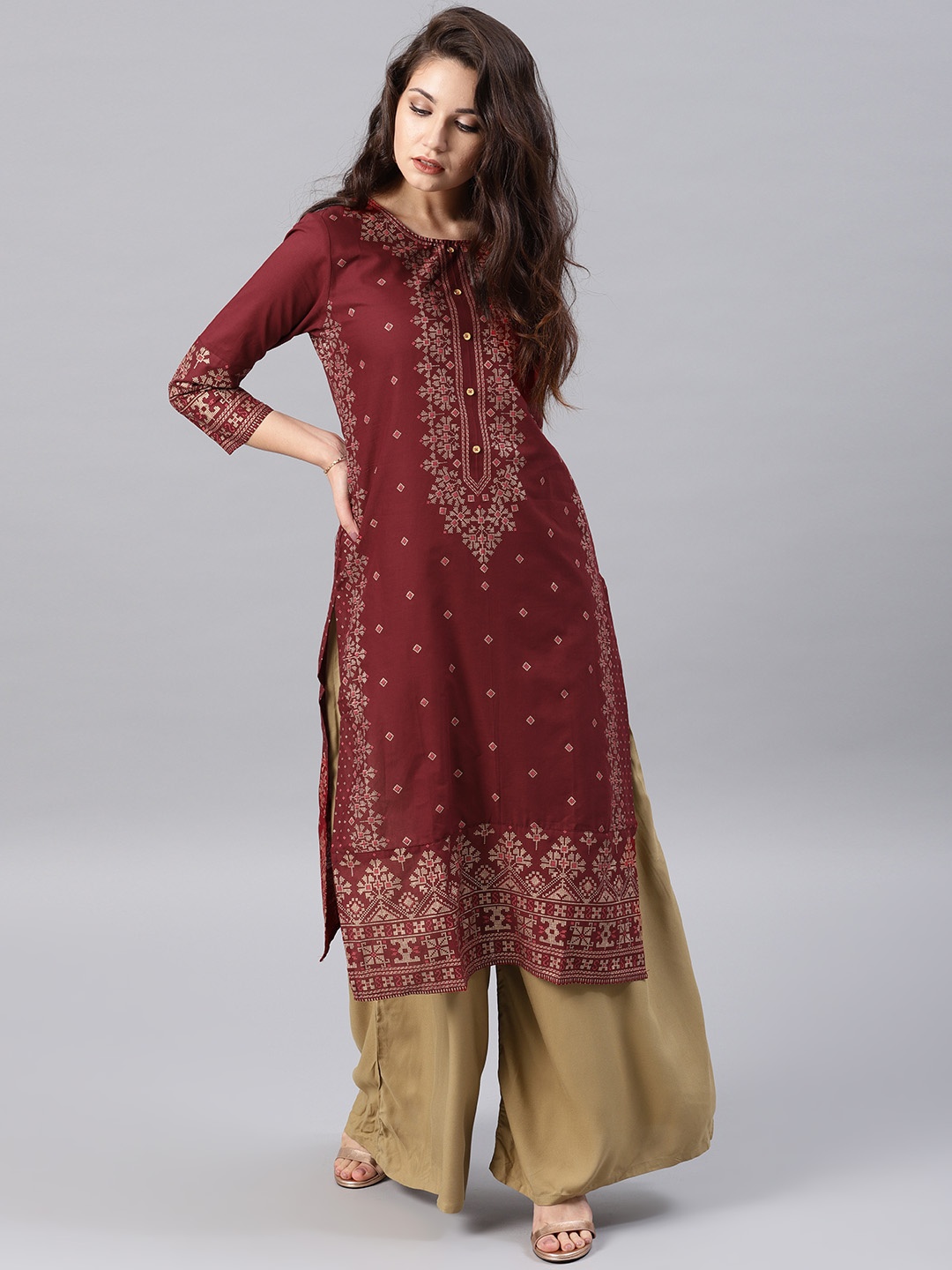 

Vishudh Women Burgundy Printed A-Line Kurta