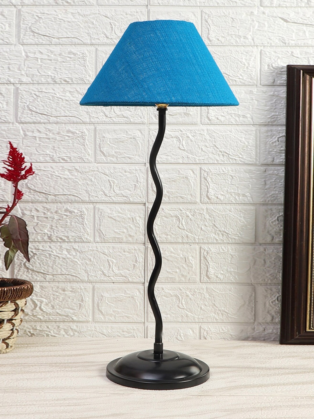 

Devansh Turquoise Blue & Black Textured Jute Zig Zag Table Lamp With Iron Base