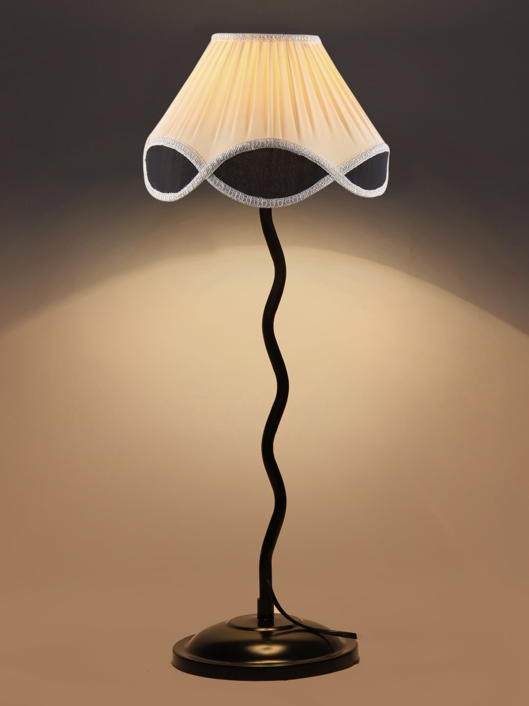 

Devansh Off-White & Black Textured Cotton Zig Zag Table Lamp With Iron Base