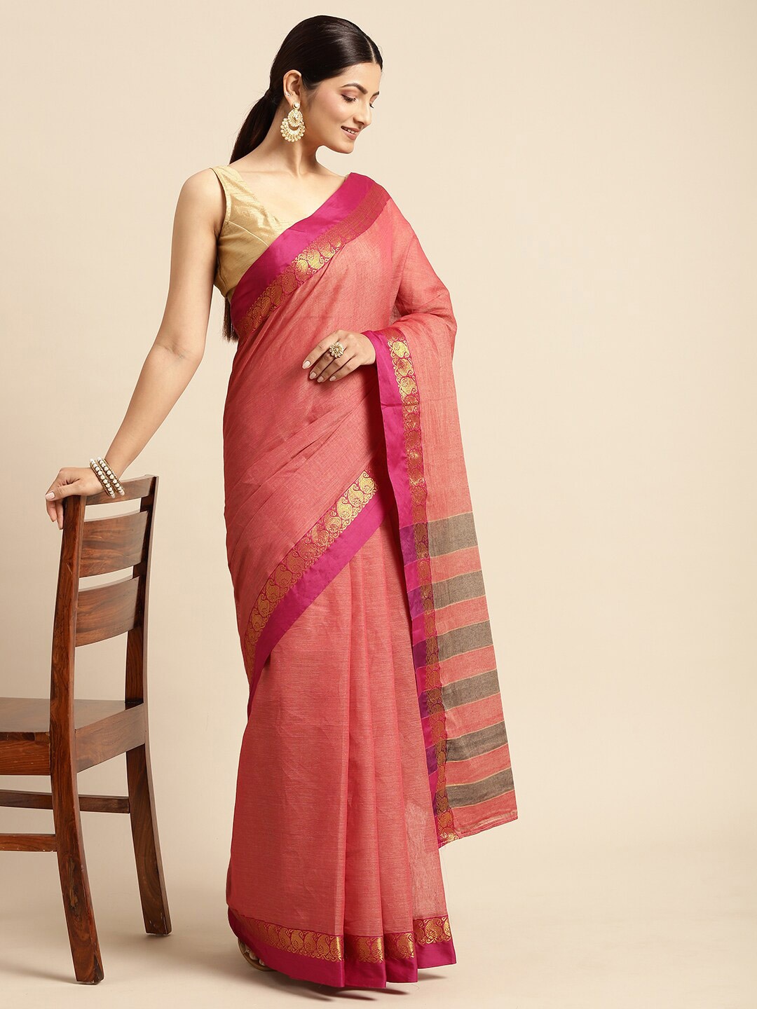 

Pavechas Zari Pure Cotton Mangalagiri Saree, Pink