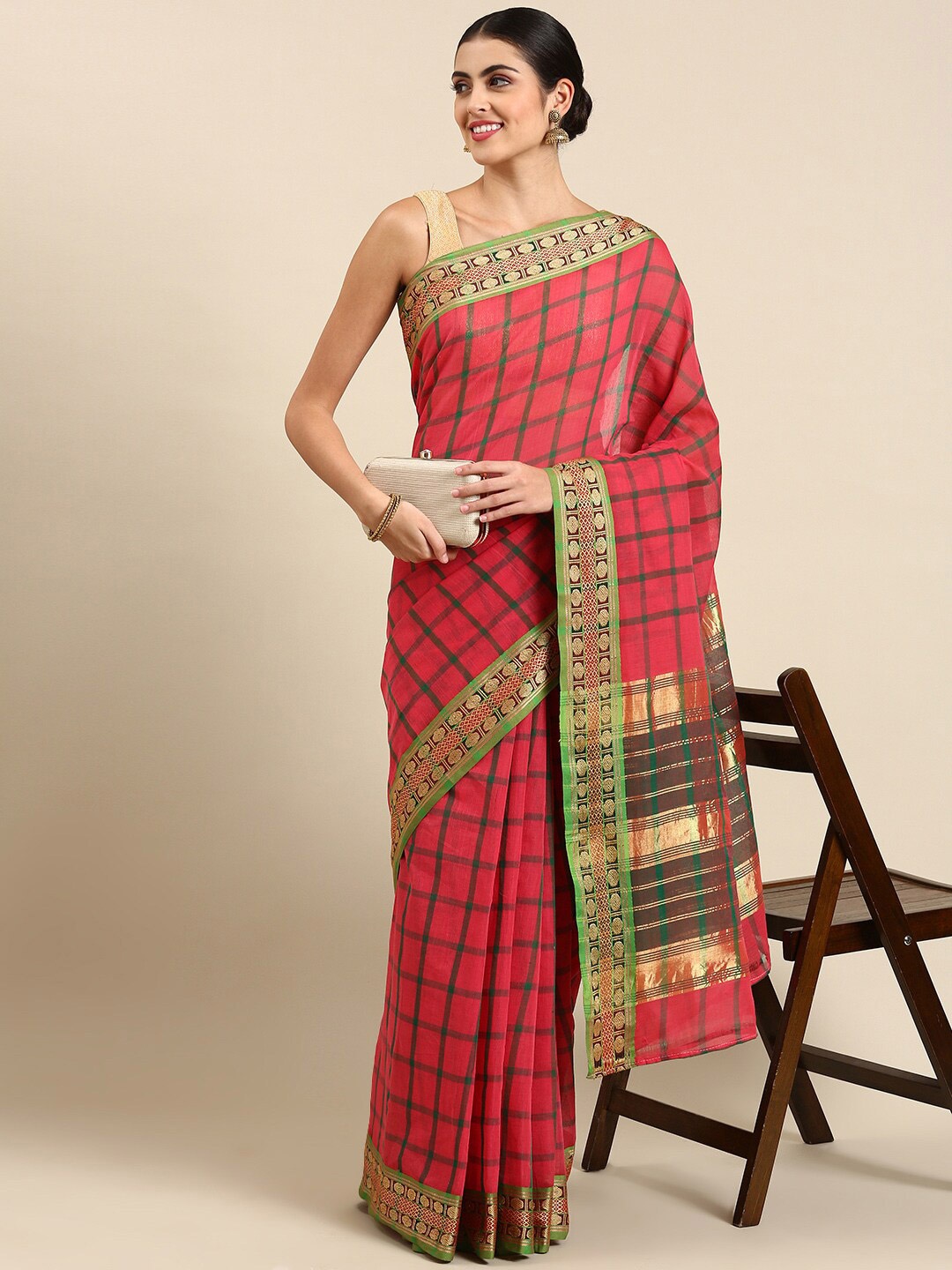 

Pavechas Checked Zari Pure Cotton Narayan Peth Saree With Blouse Piece, Peach