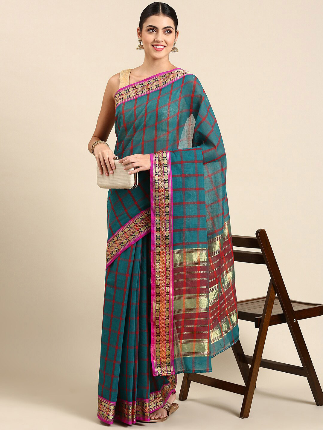 

Pavechas Checked Zari Pure Cotton Narayan Peth Saree, Teal