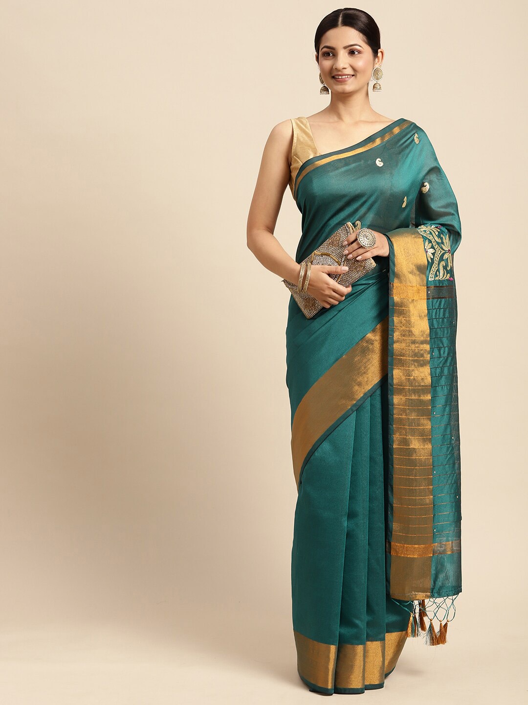 

Pavechas Ethnic Motifs Zari Banarasi Saree With Blouse Piece, Teal