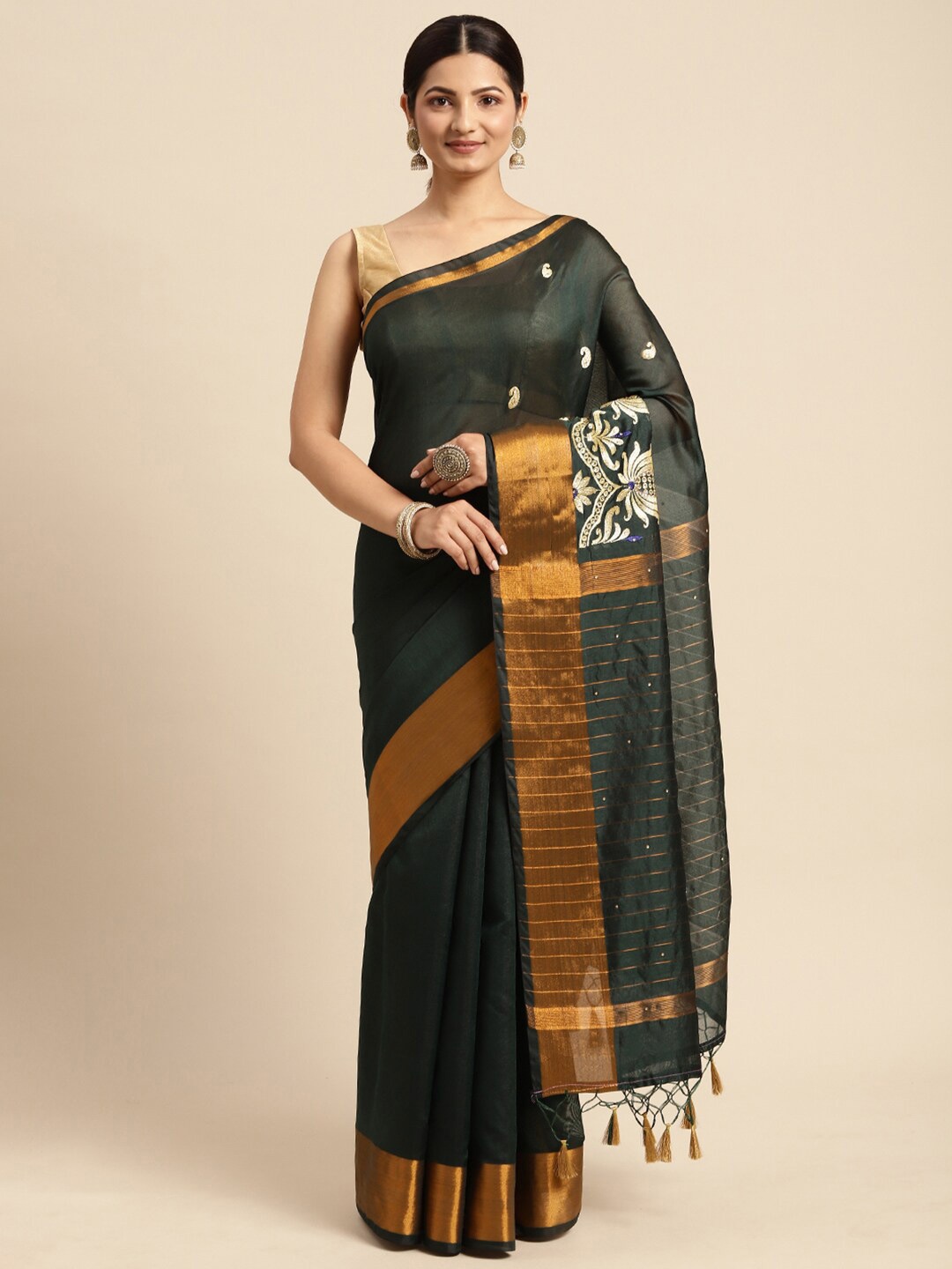 

Pavechas Ethnic Motifs Embroidered Zari Banarasi Saree, Green
