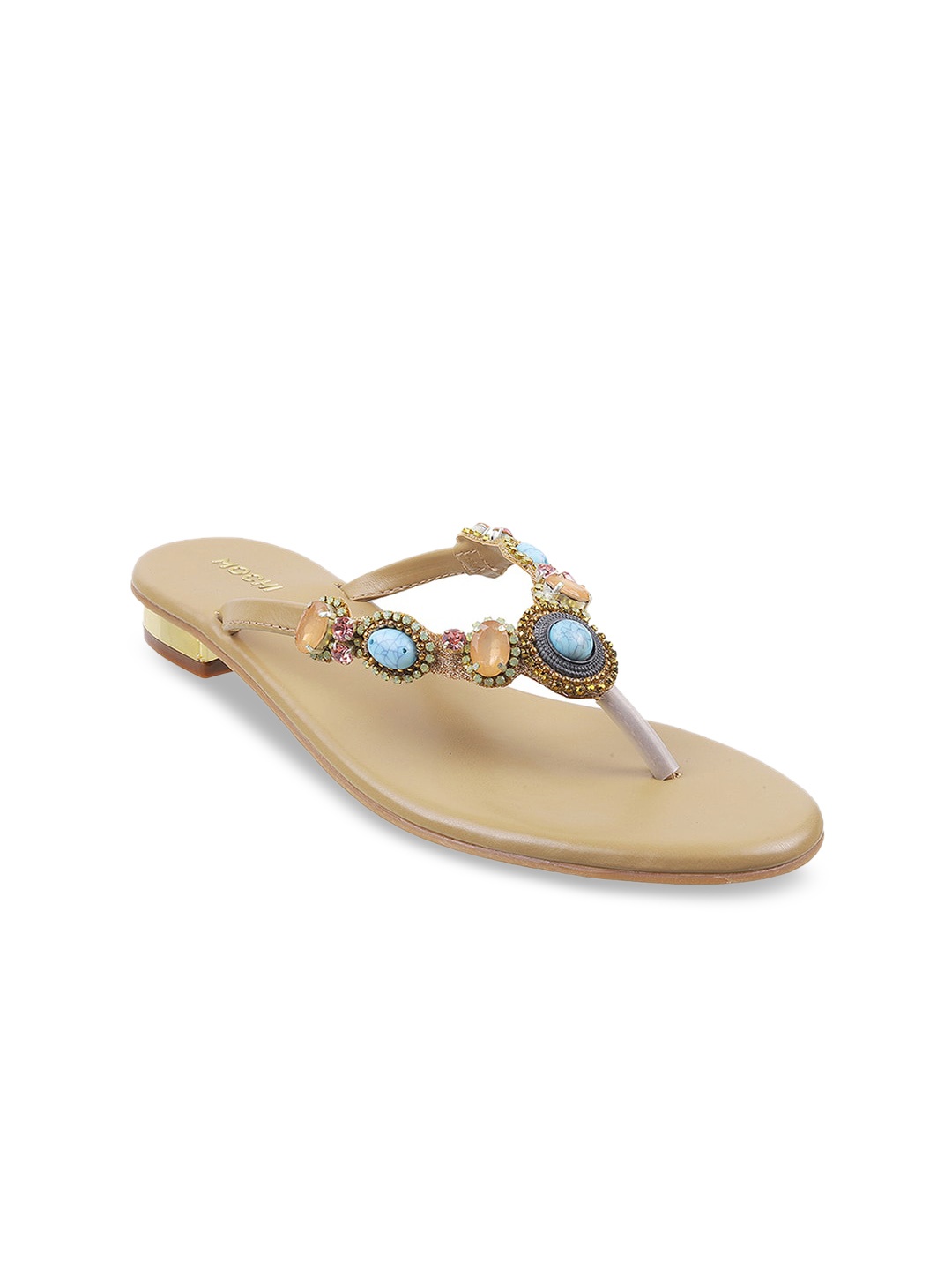 

Mochi Women Embellished Open Toe T- Strap Flats, Beige