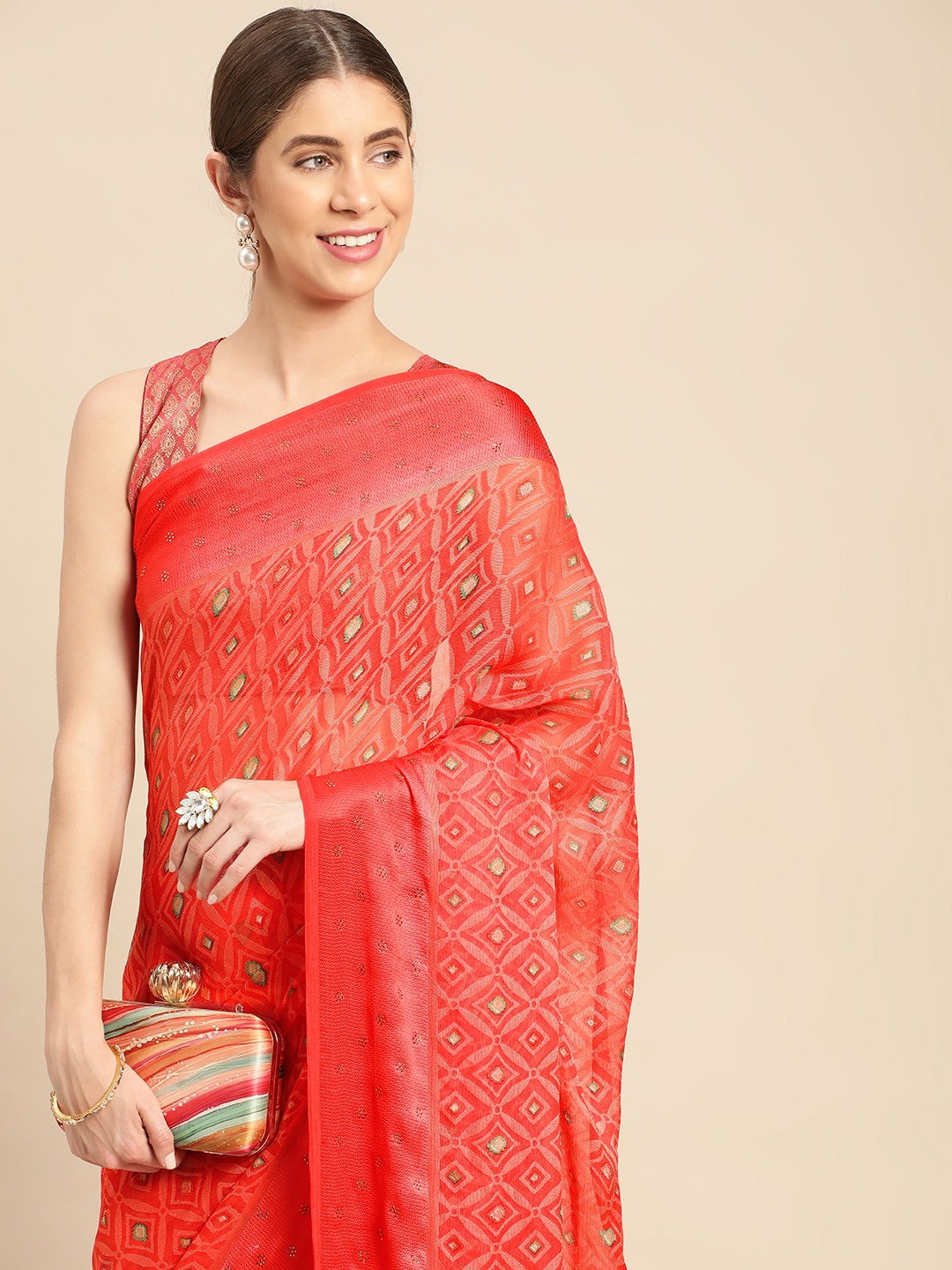 

Mitera Printed Beads & Stones Pure Chiffon Saree, Peach