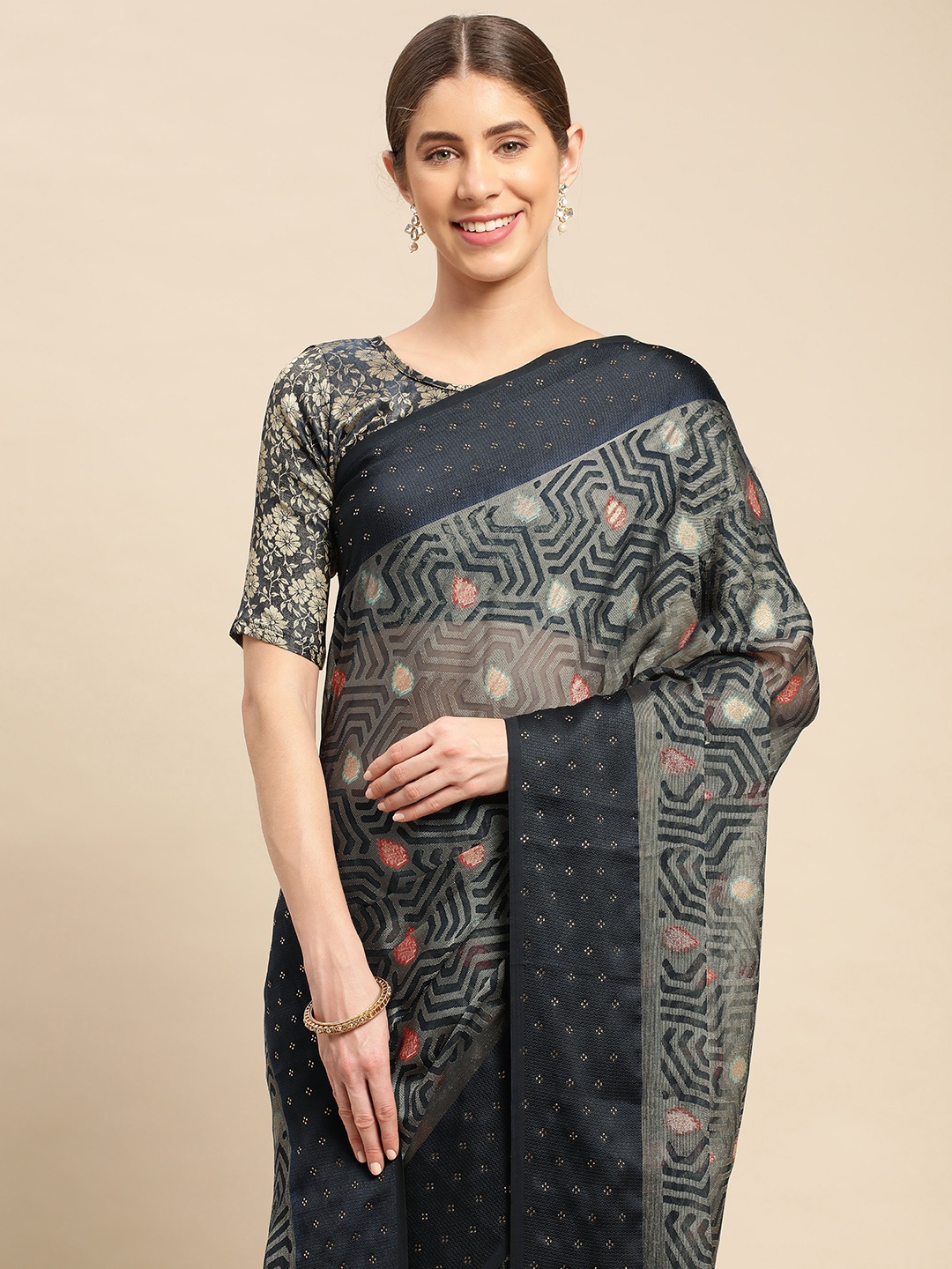 

Mitera Printed Beads & Stones Pure Chiffon Saree, Navy blue