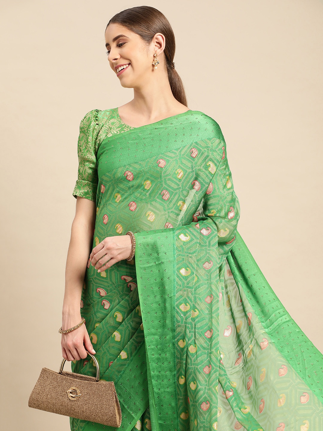 

Mitera Printed Beads & Stones Pure Chiffon Saree, Green